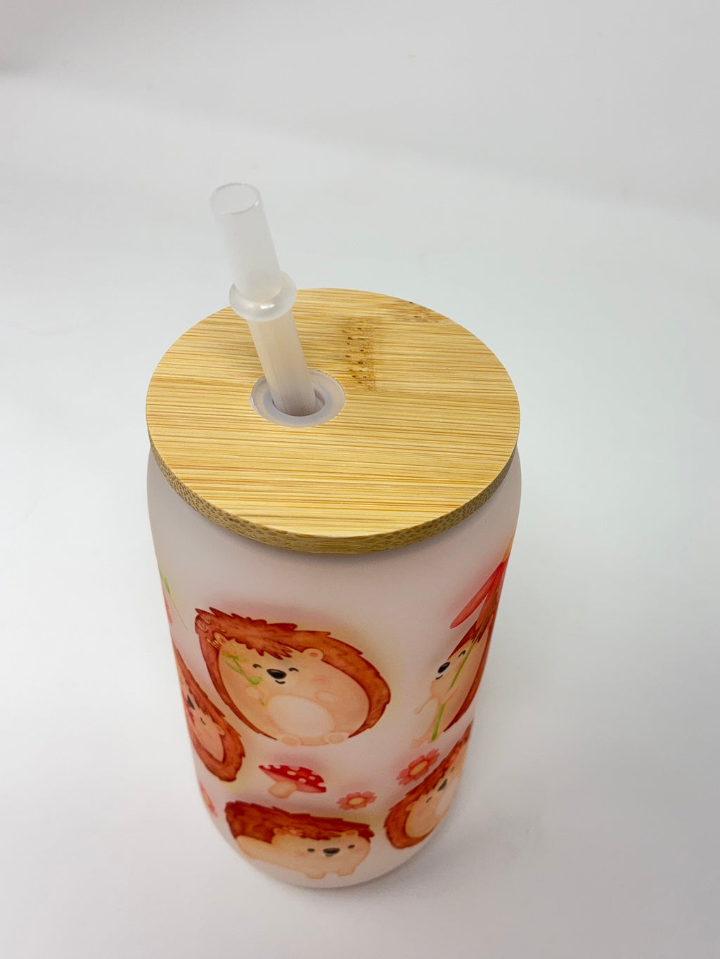 Hedgehog 16oz Glass Cup with Bamboo Lid and Straw