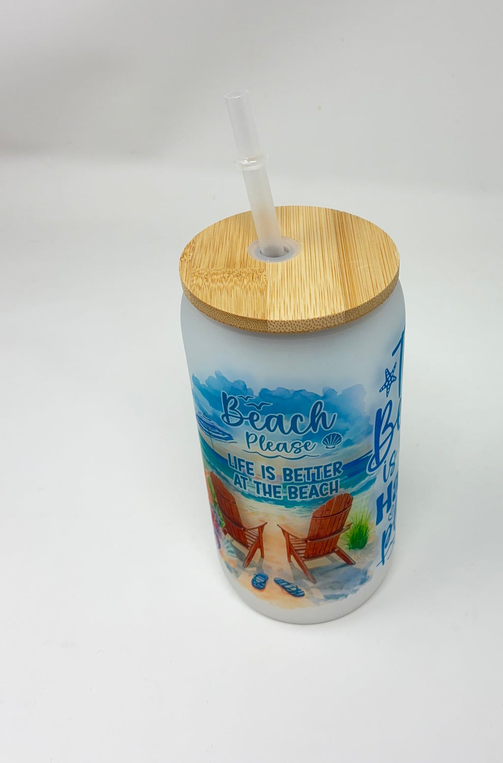 Beach 16oz Glass Cup with Bamboo Lid and Straw