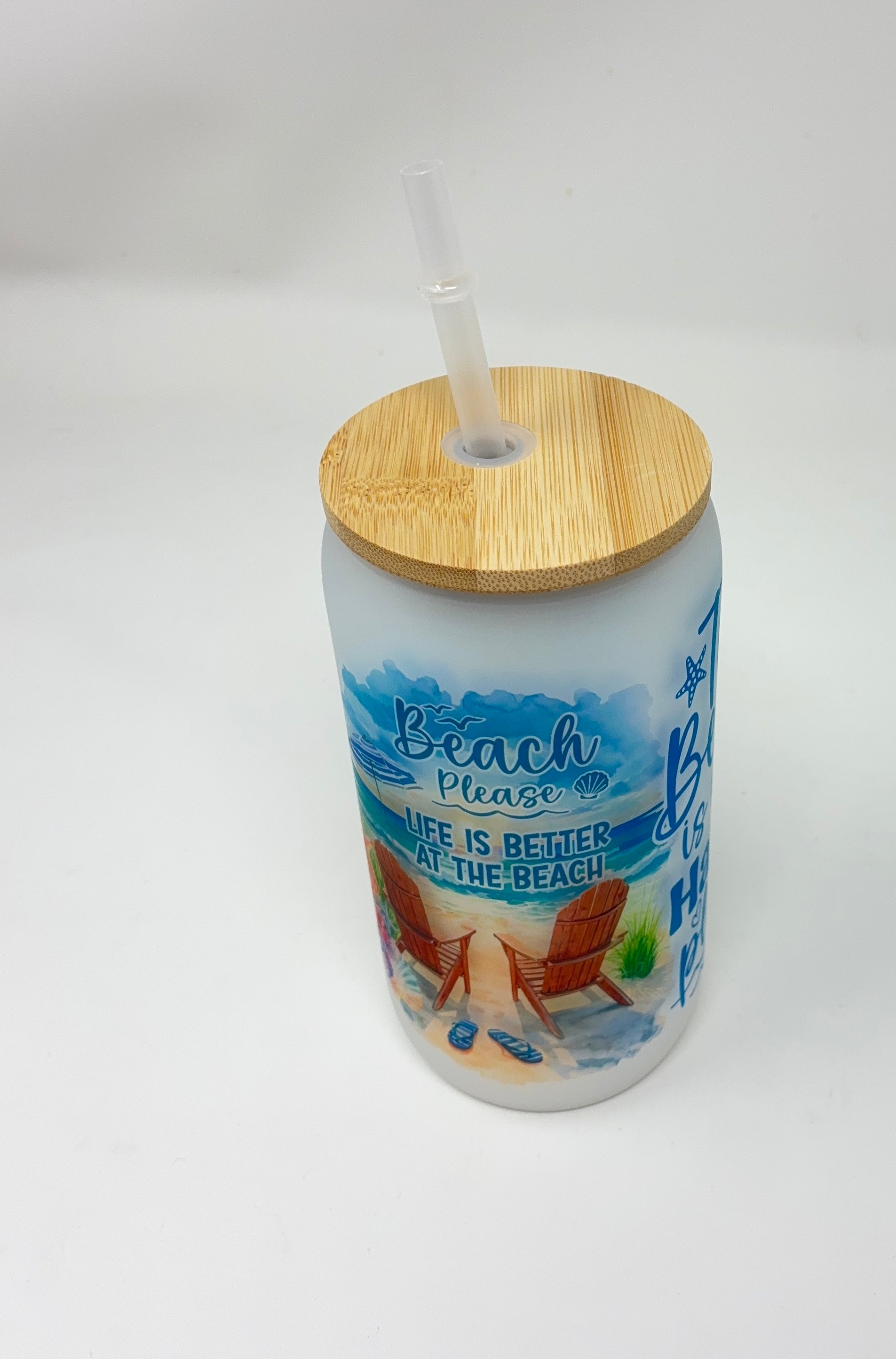 Beach 16oz Glass Cup with Bamboo Lid and Straw