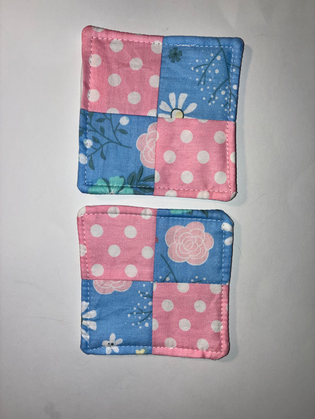 Pink Polkadot and Blue Flower Quilted Coaster Set - 2 Pack