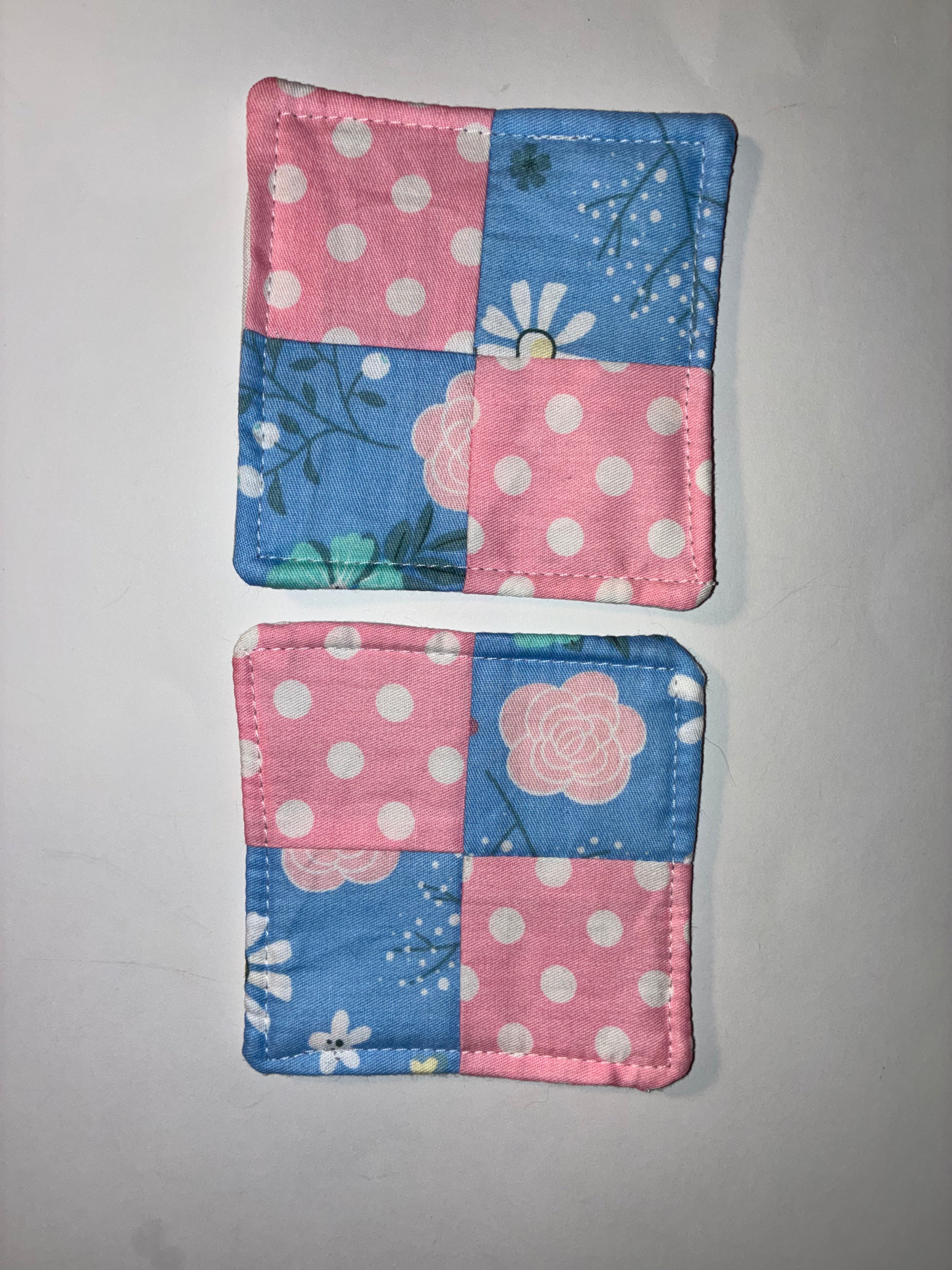 Pink Polkadot and Blue Flower Quilted Coaster Set - 2 Pack