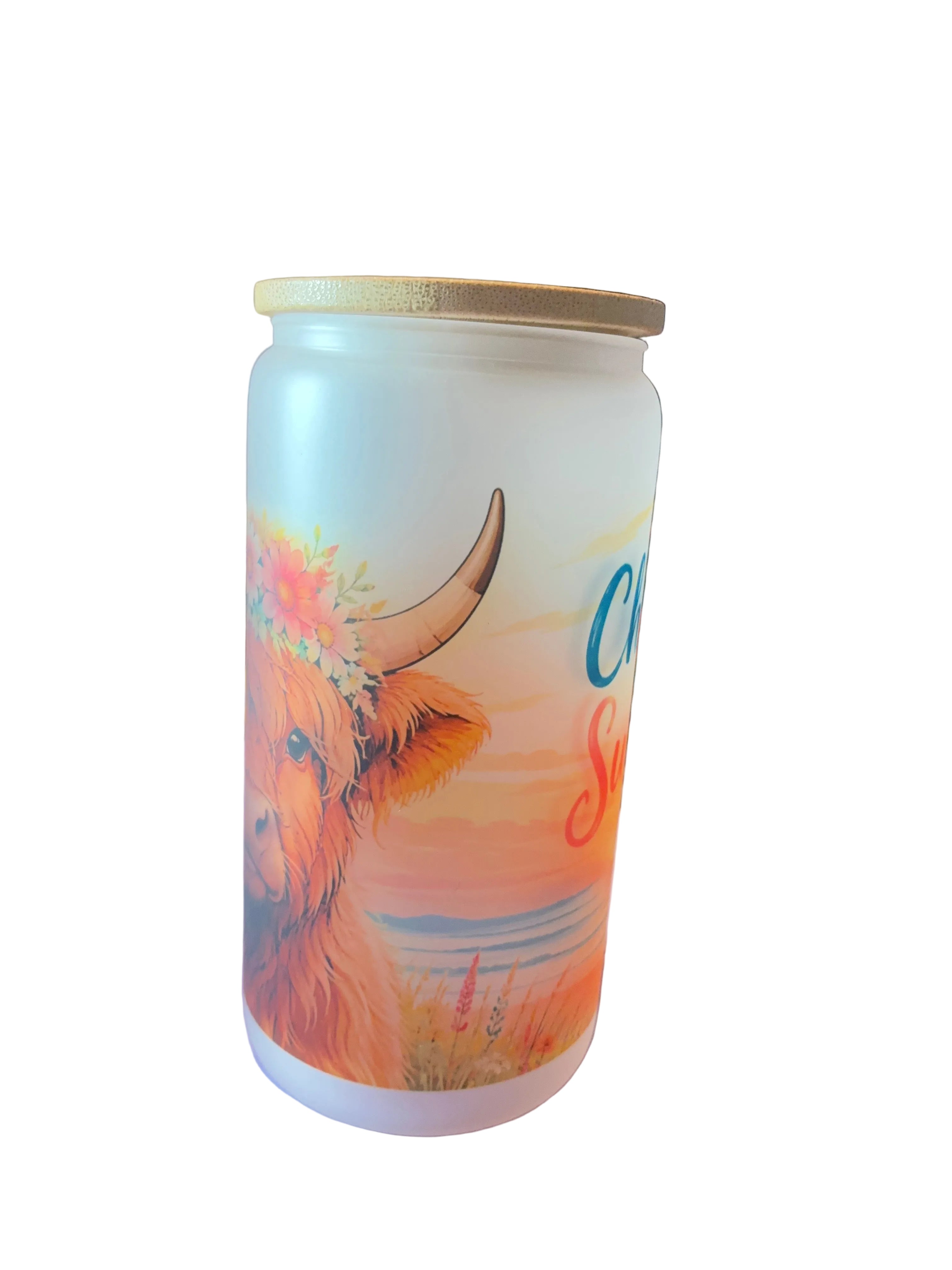 Chasing Sunsets Highland Cow 16oz Glass Cup with Bamboo Lid and Straw