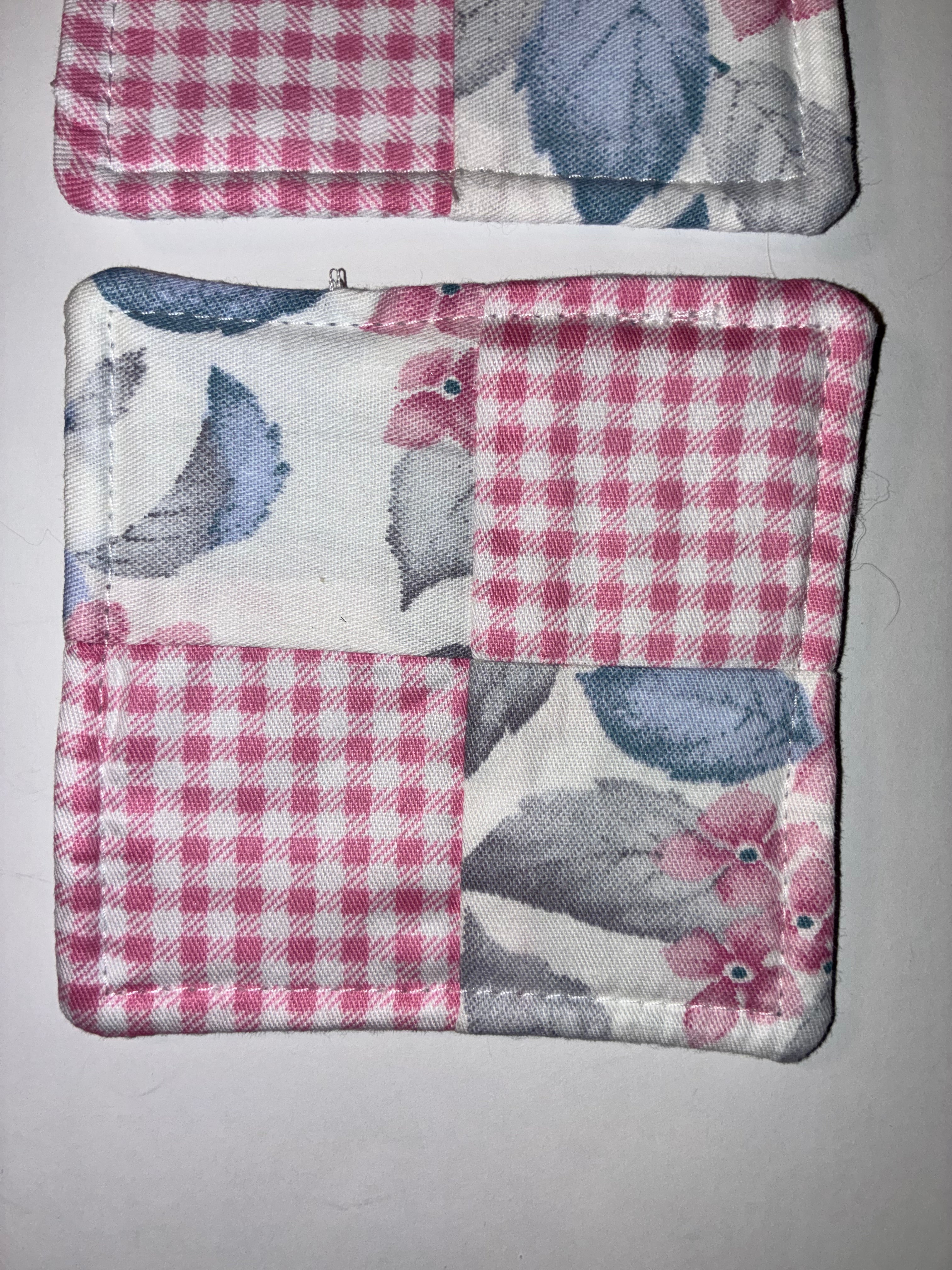 Pink Plaid and Blue Flower Quilted Coaster Set - 2 Pack