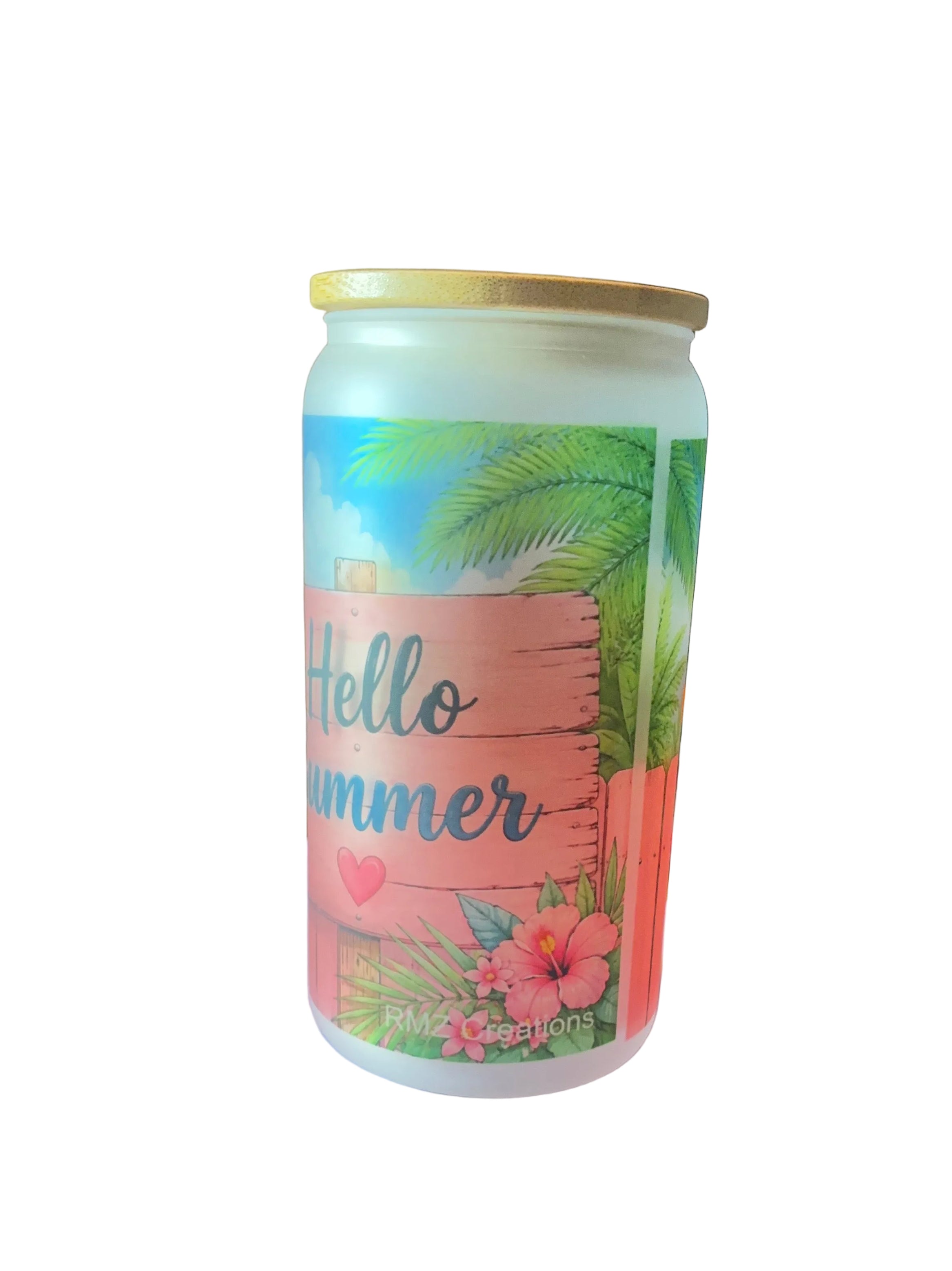 Hello Summer Highland Cow 16oz Glass Cup with Bamboo Lid and Straw