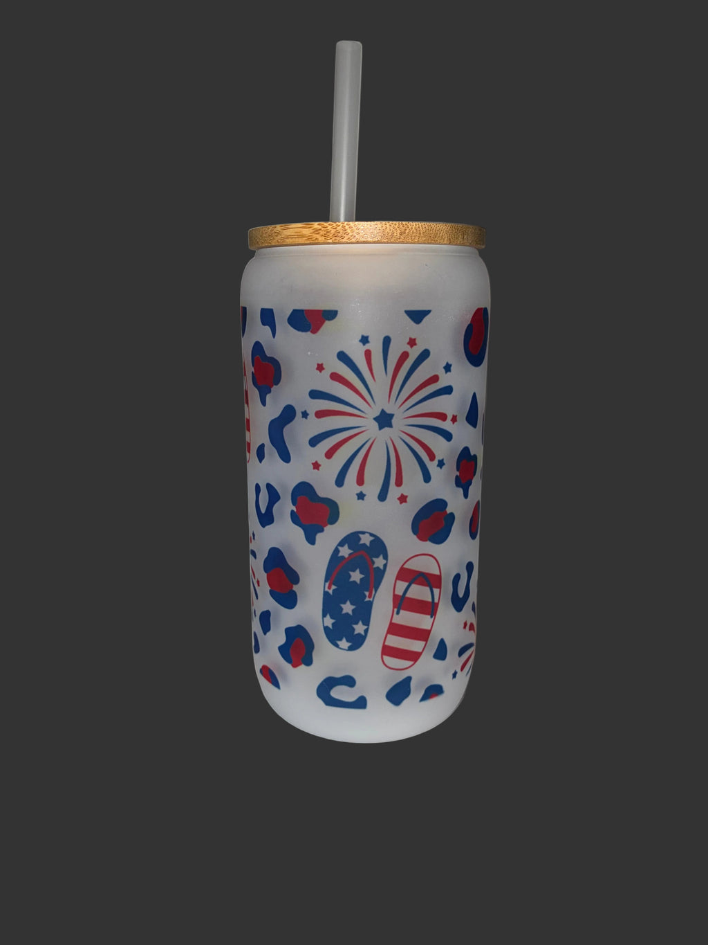 Flip Flop and Firework 16oz Glass Cup with Bamboo Lid and Straw
