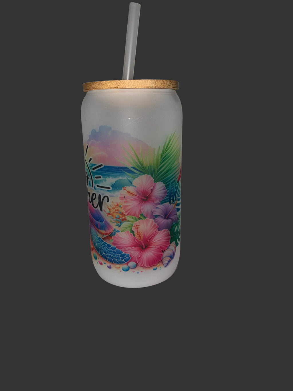Hello Summer 16oz Glass Cup with Bamboo Lid and Straw
