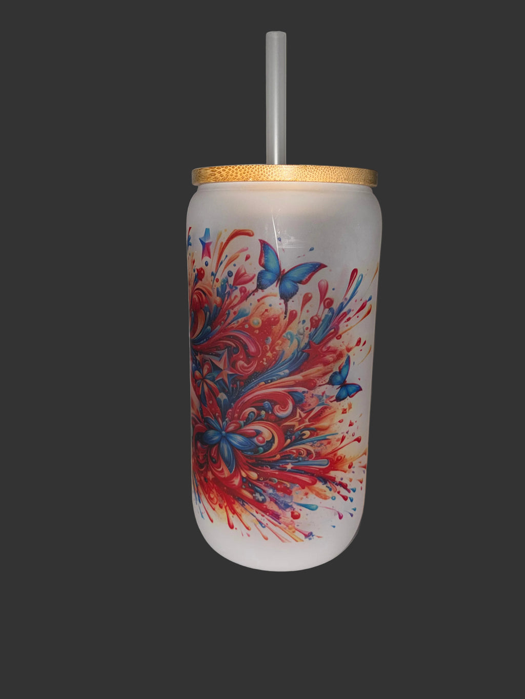 American Flag 16oz Glass Cup with Bamboo Lid and Straw