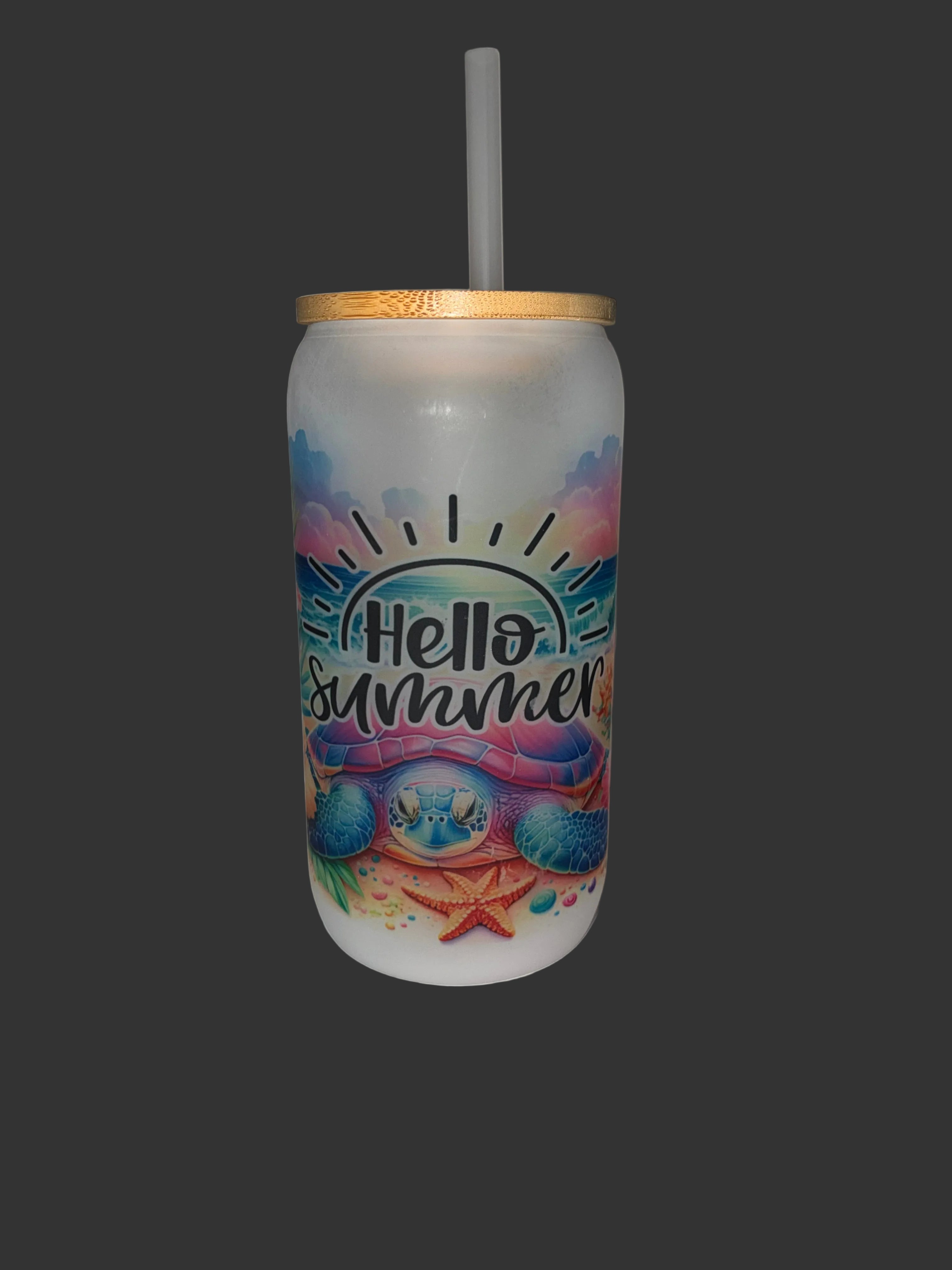 Hello Summer 16oz Glass Cup with Bamboo Lid and Straw