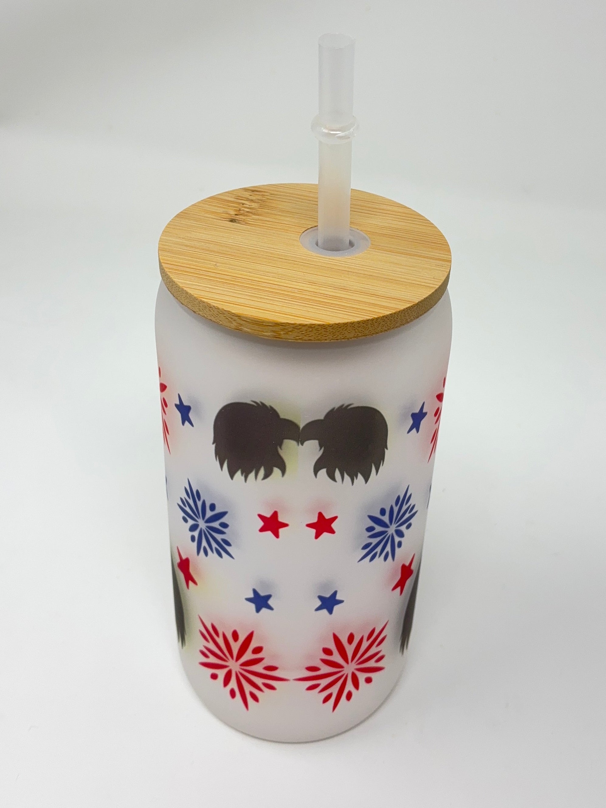 God Bless America 16oz Glass Cup with Bamboo Lid and Straw