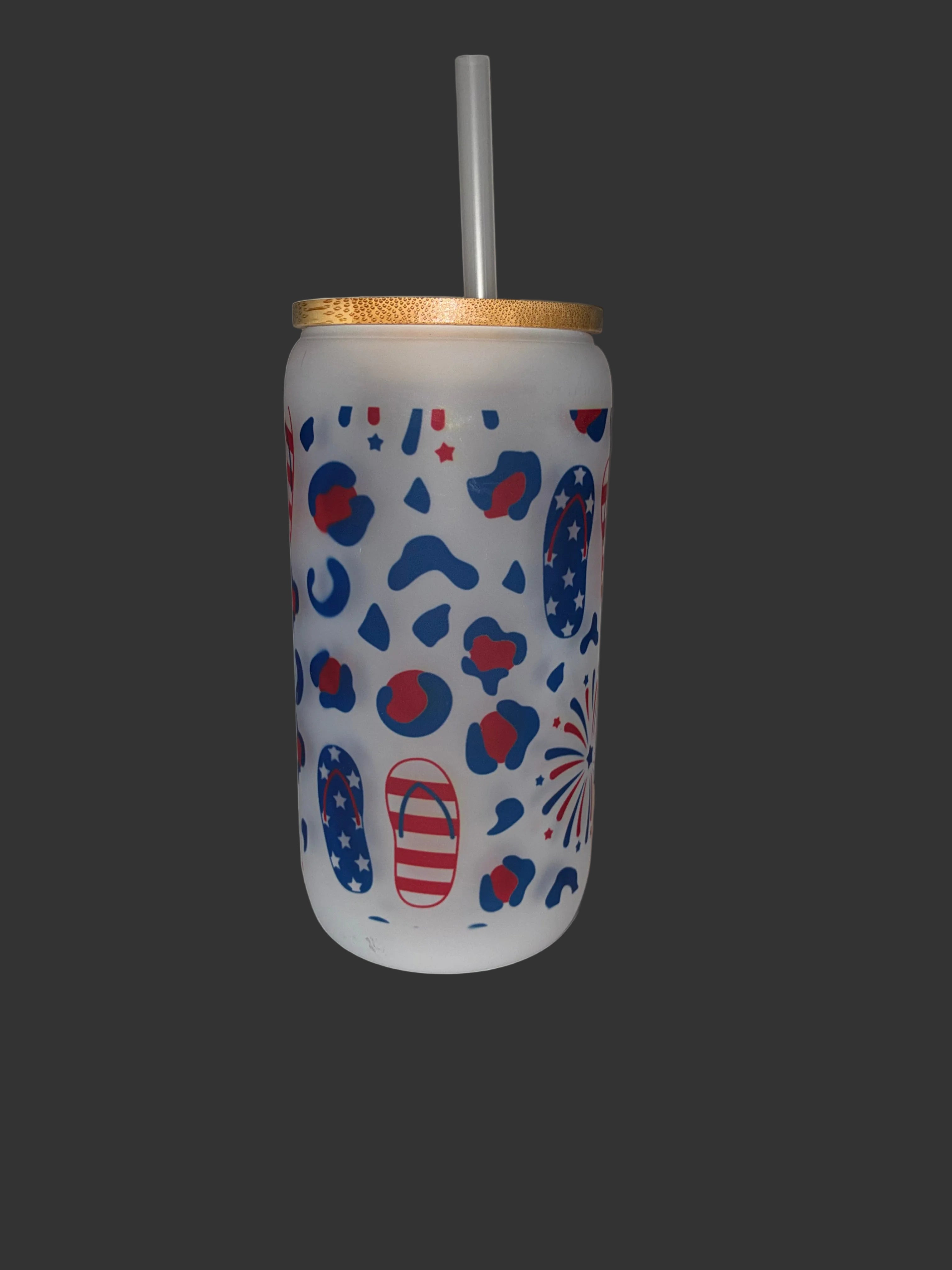 Flip Flop and Firework 16oz Glass Cup with Bamboo Lid and Straw