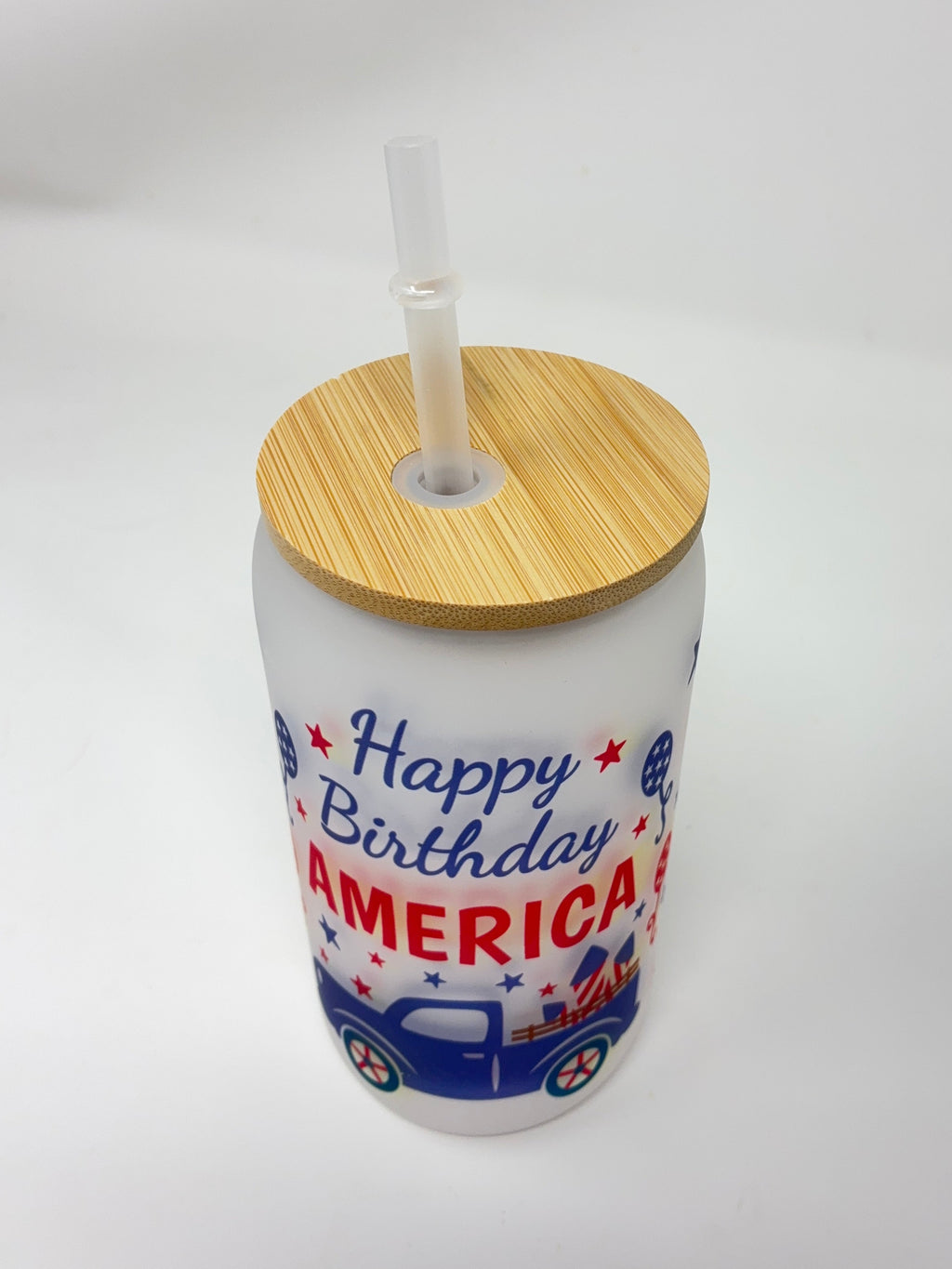 Happy Birthday America 16oz Glass Cup with Bamboo Lid and Straw