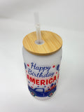 Happy Birthday America 16oz Glass Cup with Bamboo Lid and Straw
