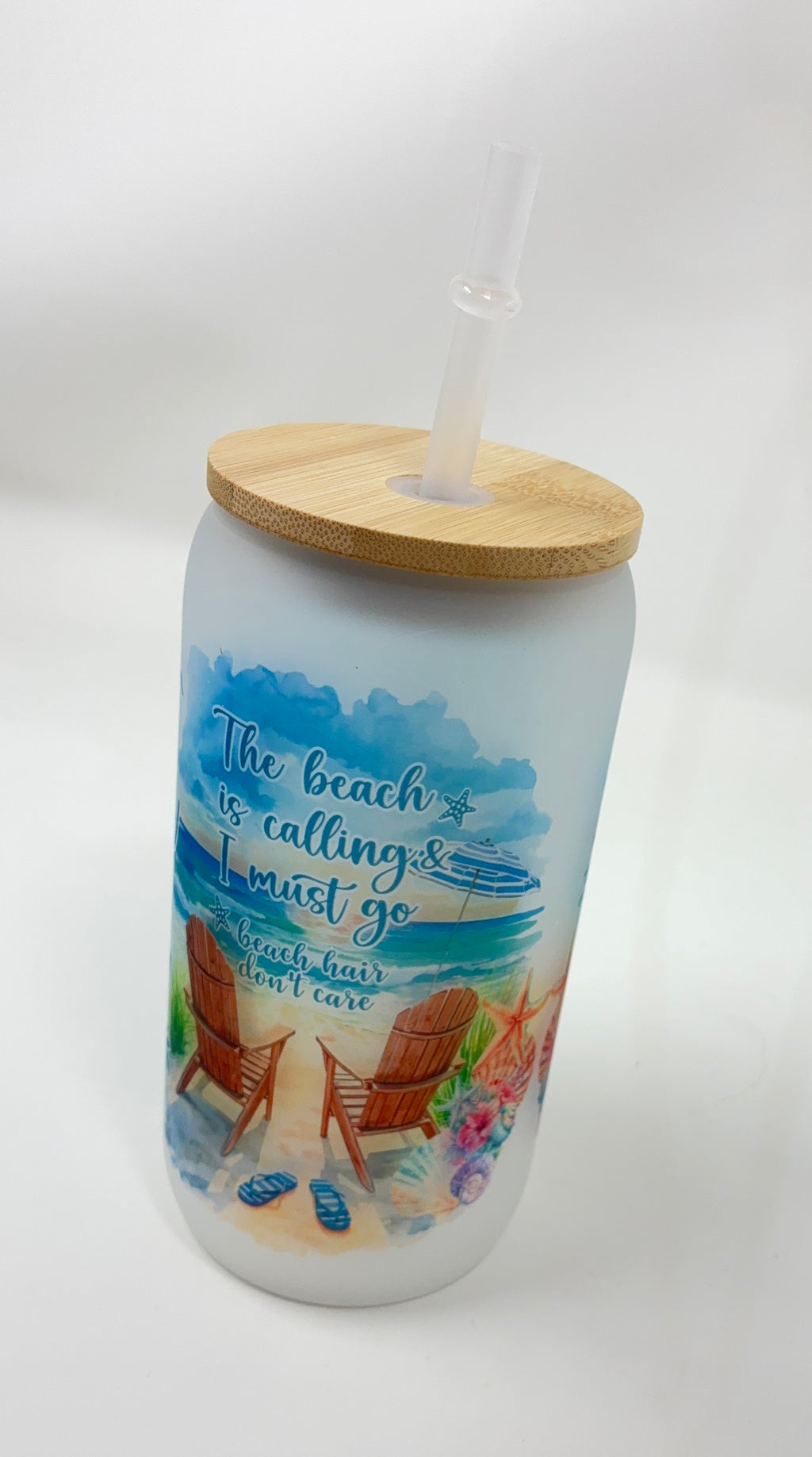 Beach 16oz Glass Cup with Bamboo Lid and Straw