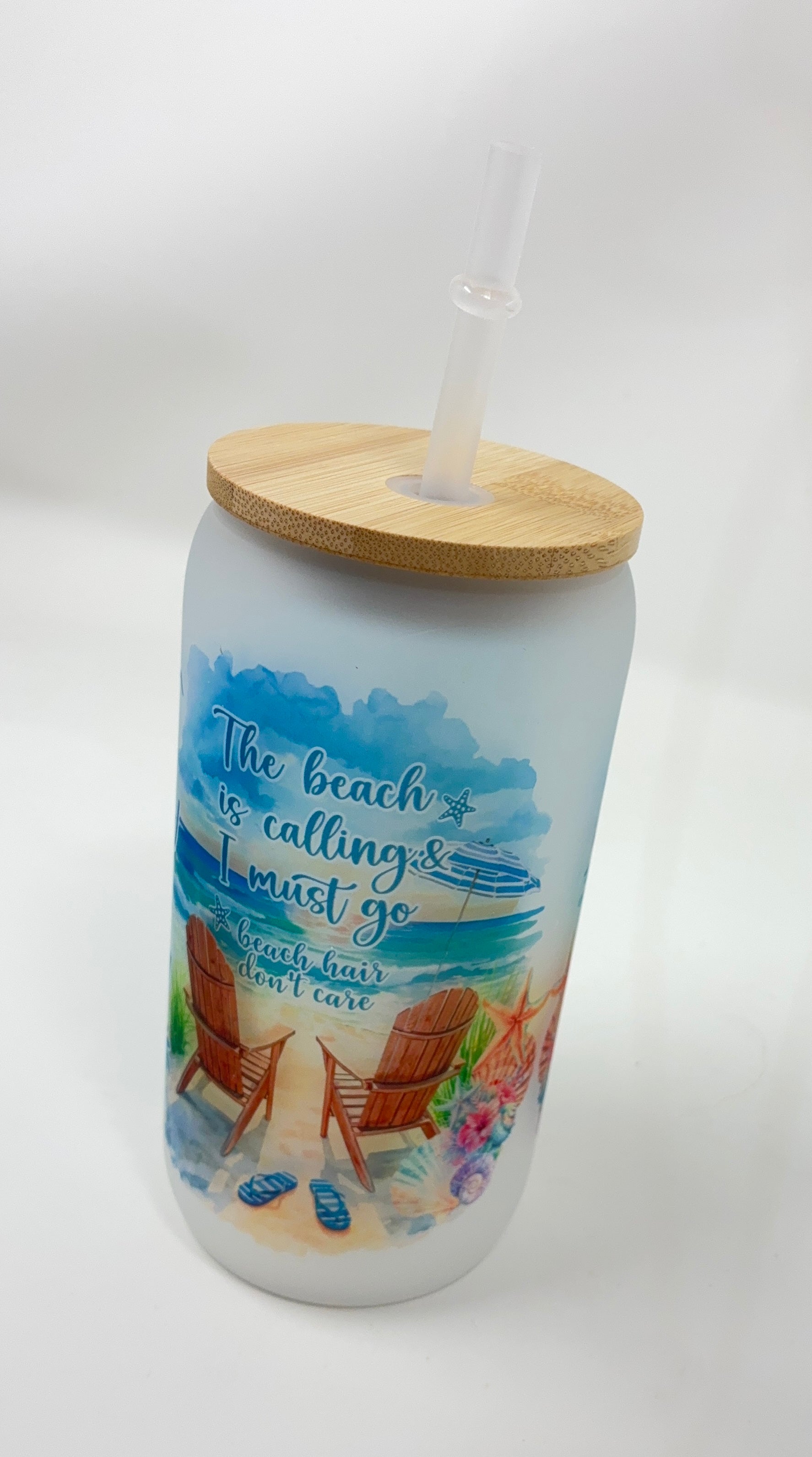 Beach 16oz Glass Cup with Bamboo Lid and Straw