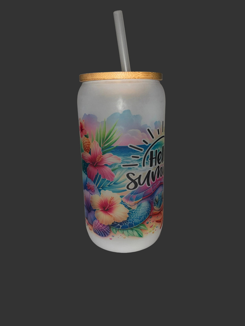 Hello Summer 16oz Glass Cup with Bamboo Lid and Straw