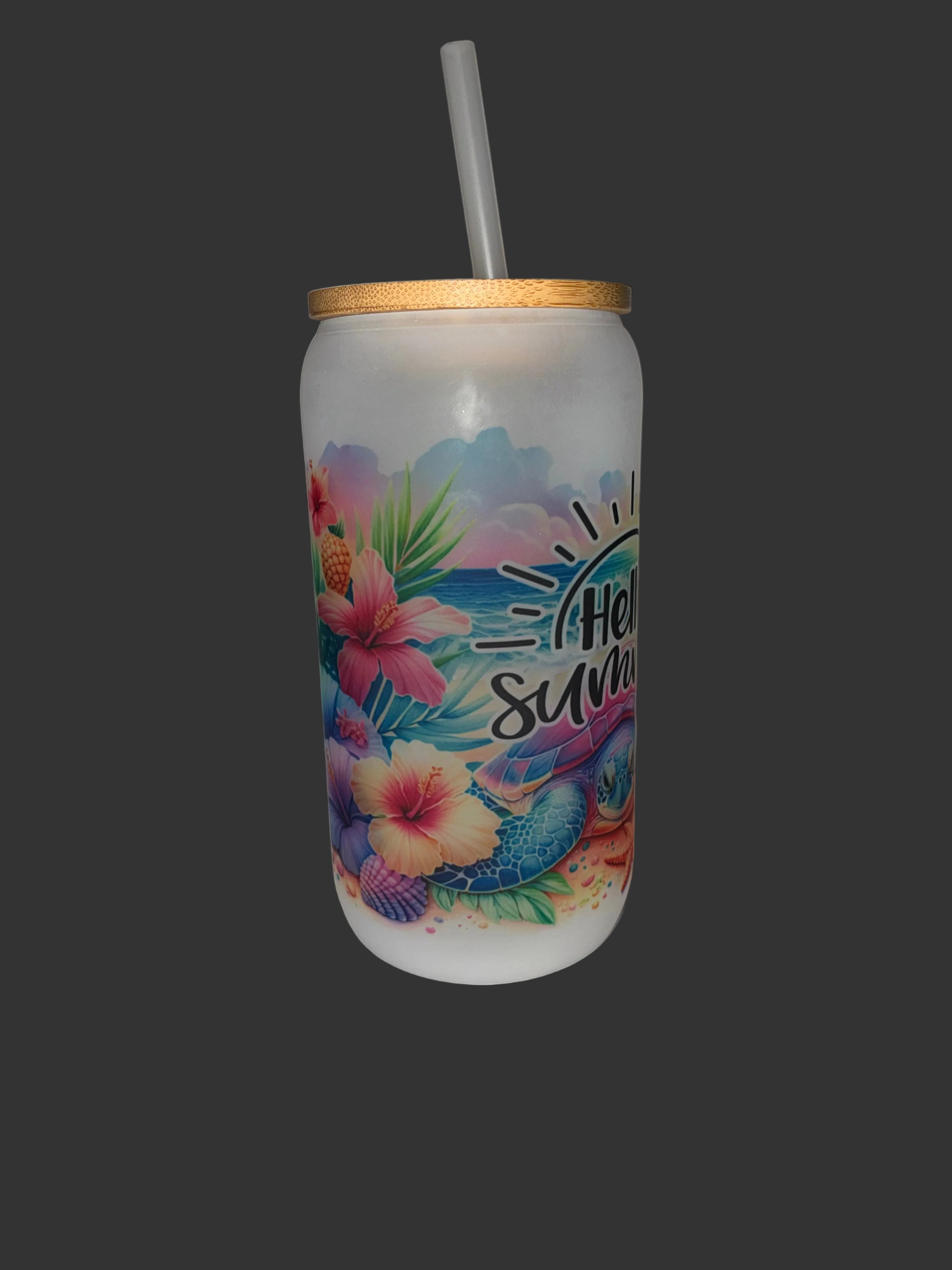Hello Summer 16oz Glass Cup with Bamboo Lid and Straw