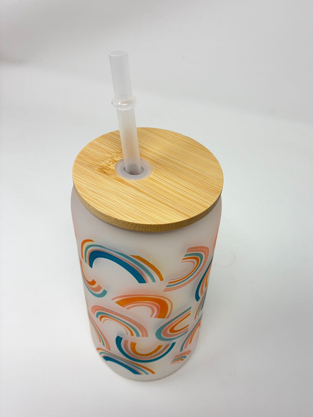 Rainbow 16oz Glass Cup with Bamboo Lid and Straw