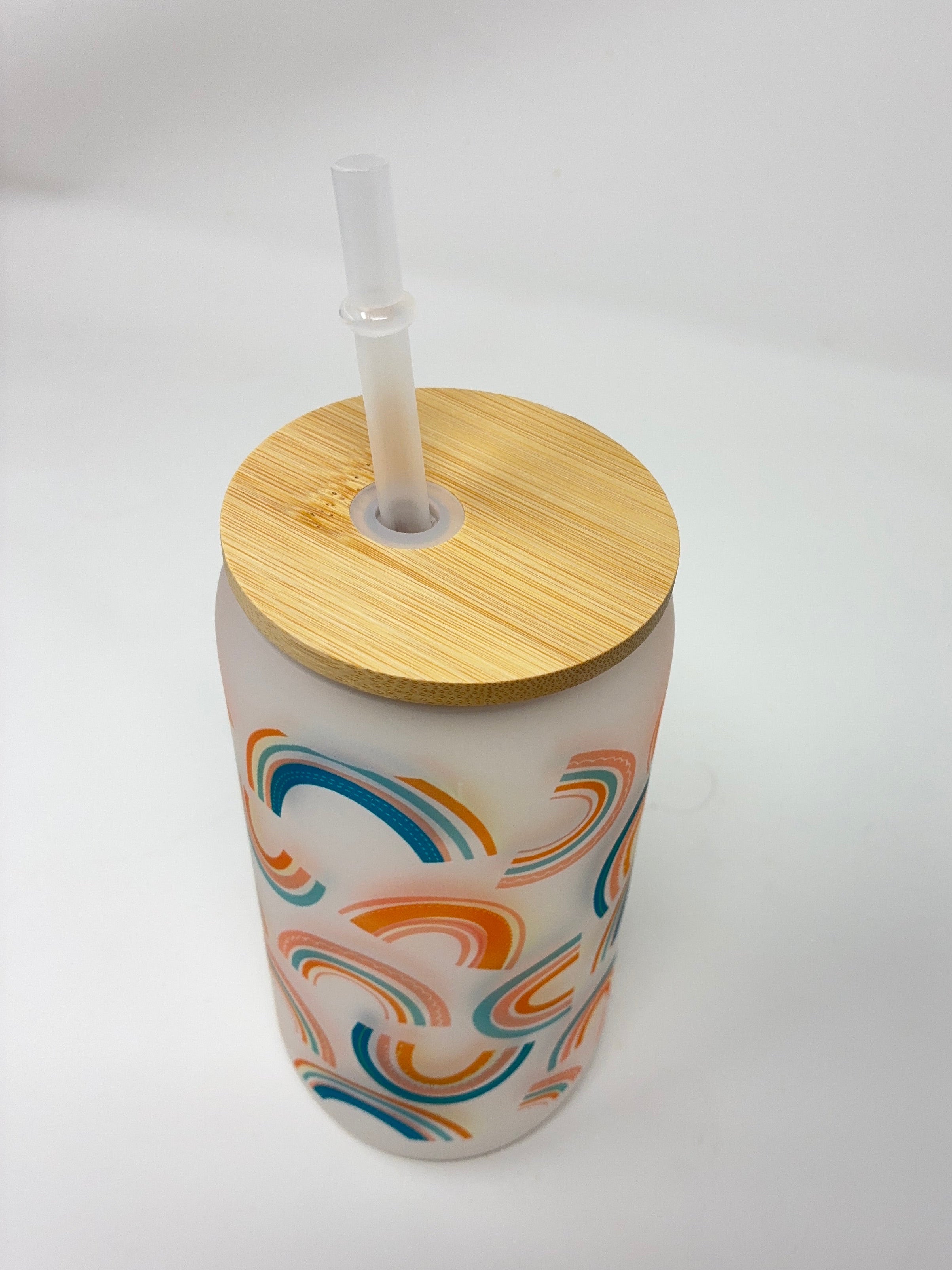Rainbow 16oz Glass Cup with Bamboo Lid and Straw