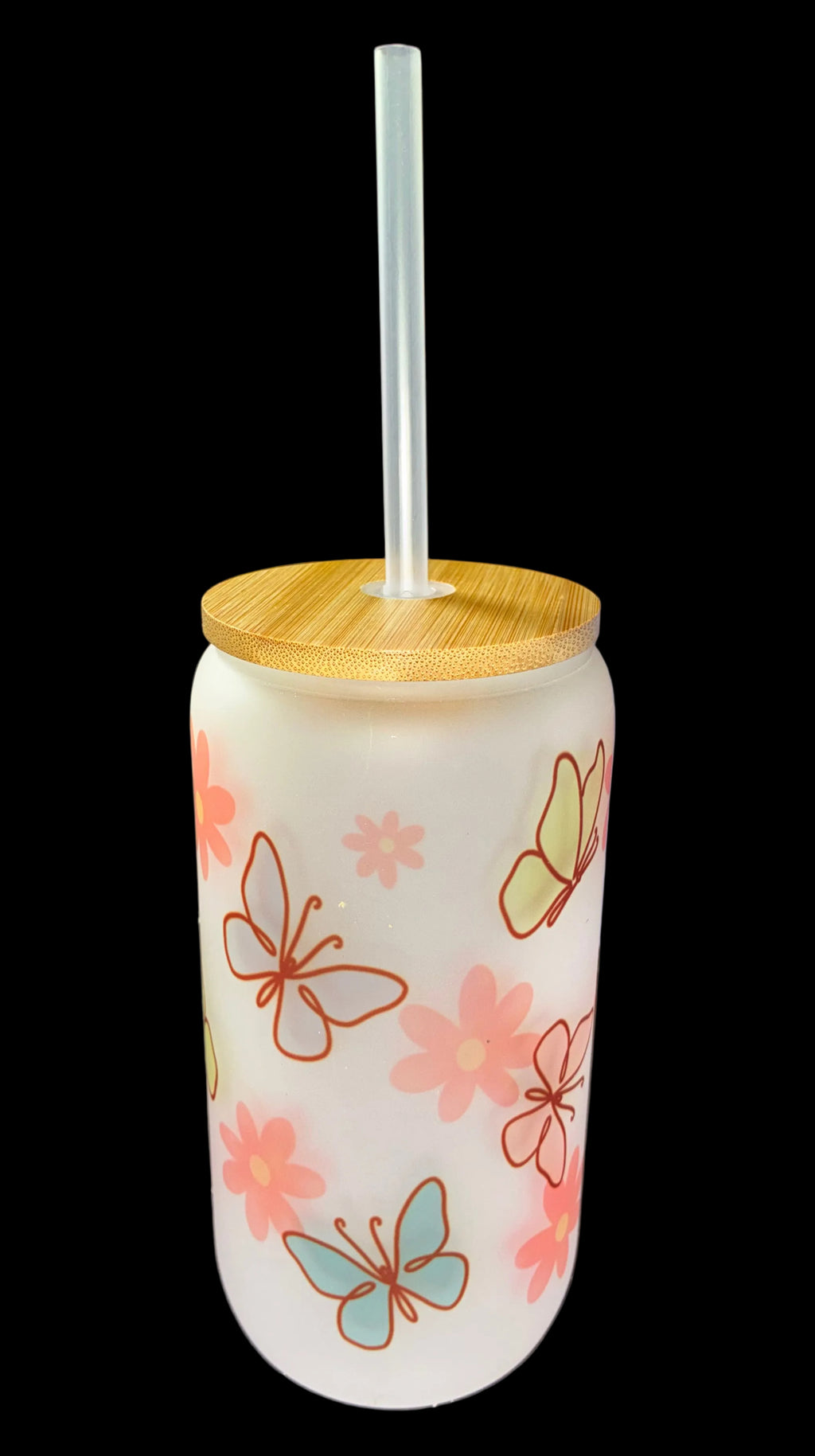 Butterfly 16oz Glass Cup with Bamboo Lid and Straw