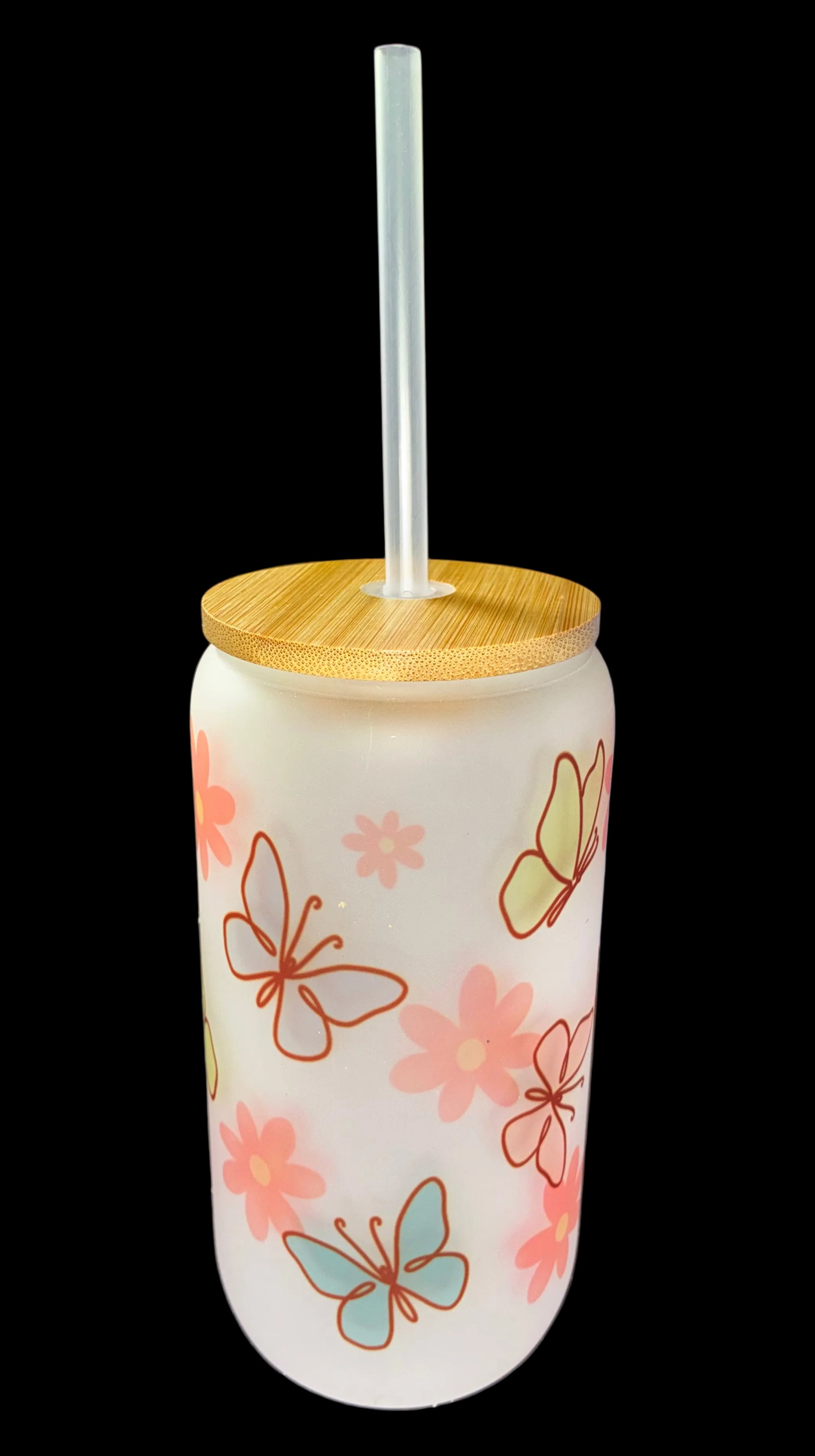 Butterfly 16oz Glass Cup with Bamboo Lid and Straw