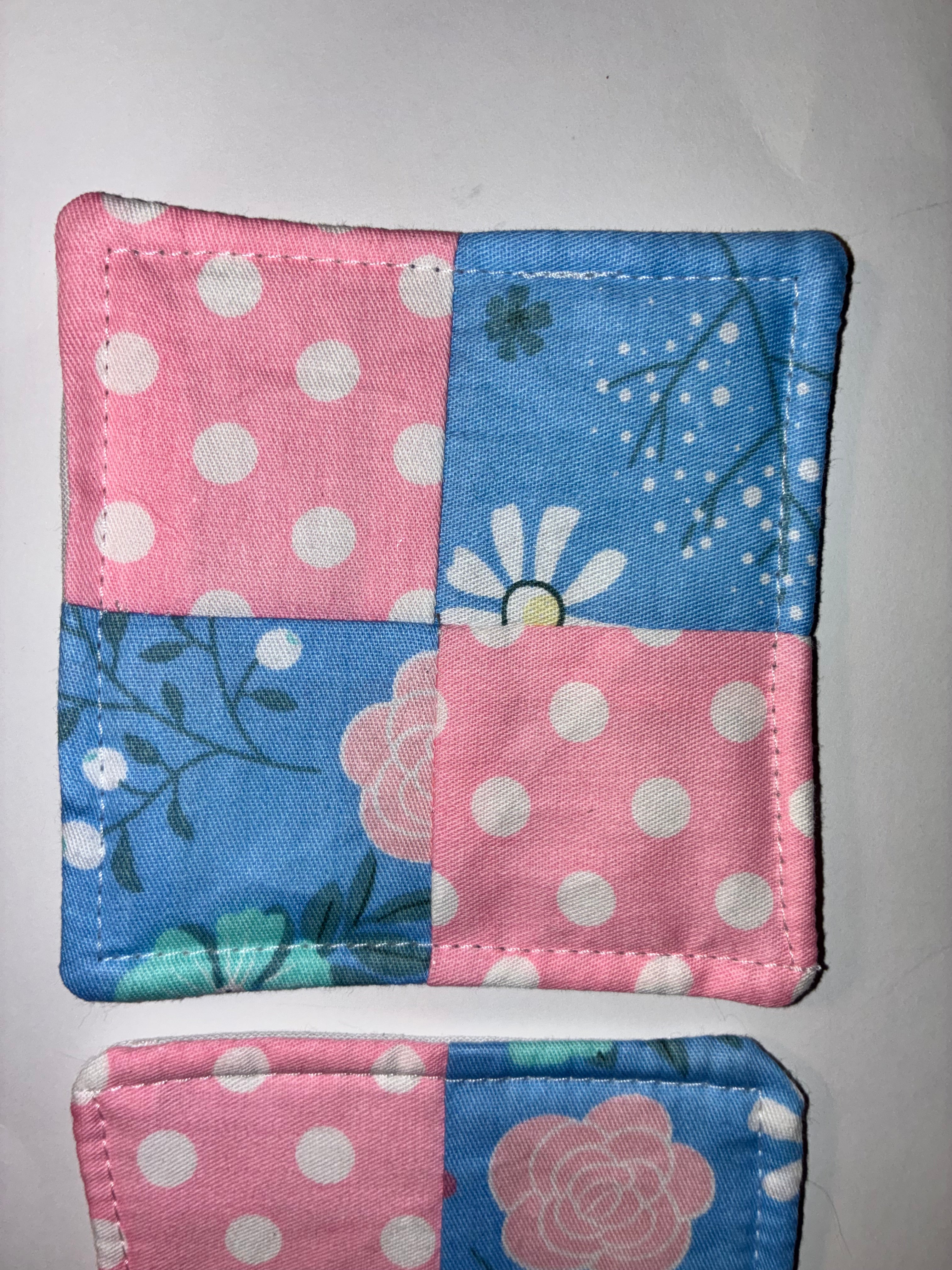 Pink Polkadot and Blue Flower Quilted Coaster Set - 2 Pack