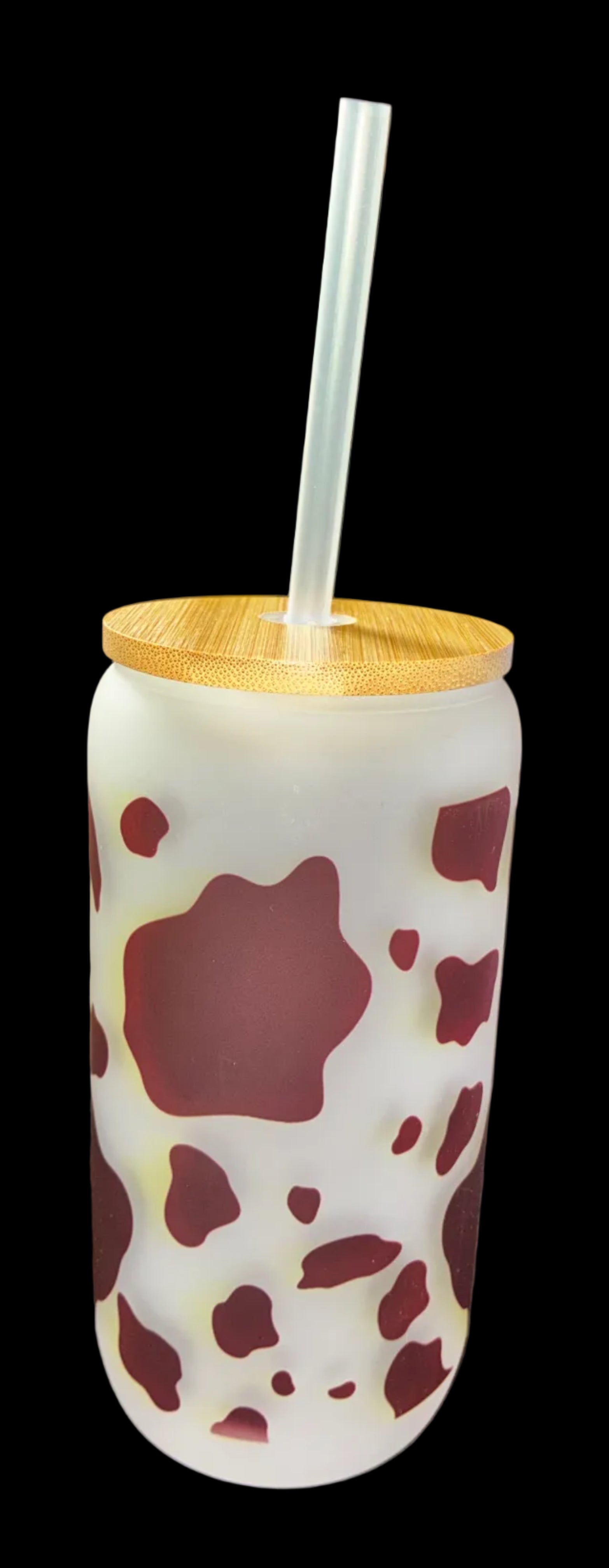 Cow Print 16oz Glass Cup with Bamboo Lid and Straw