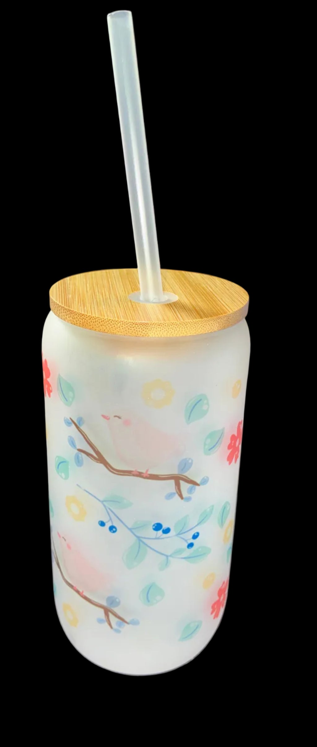 Birds 16oz Glass Cup with Bamboo Lid and Straw