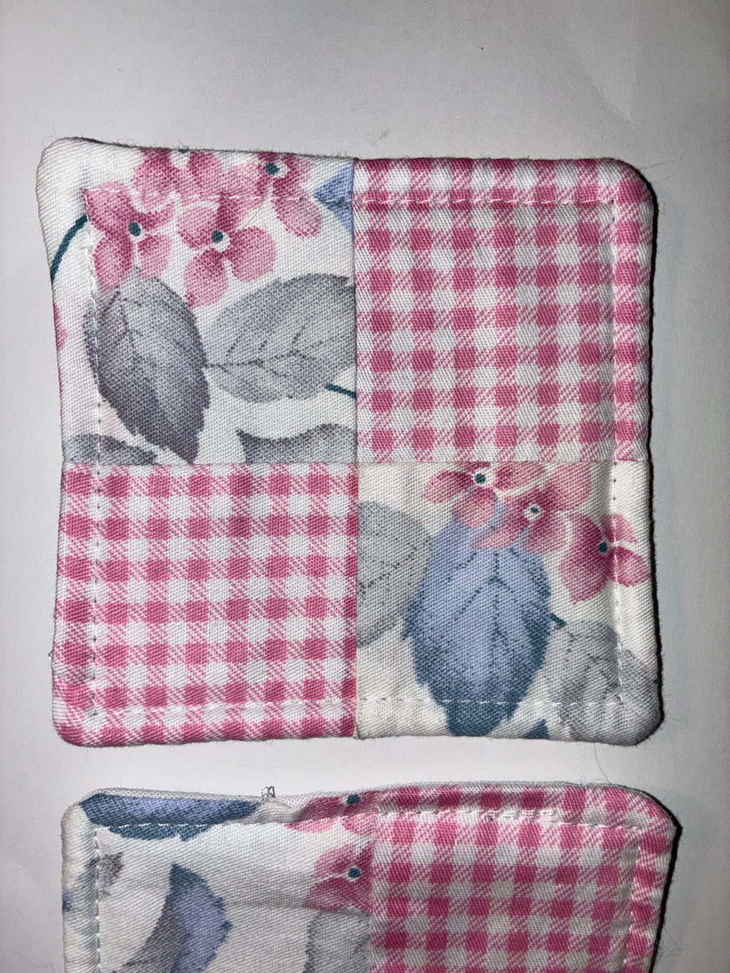 Pink Plaid and Blue Flower Quilted Coaster Set - 2 Pack