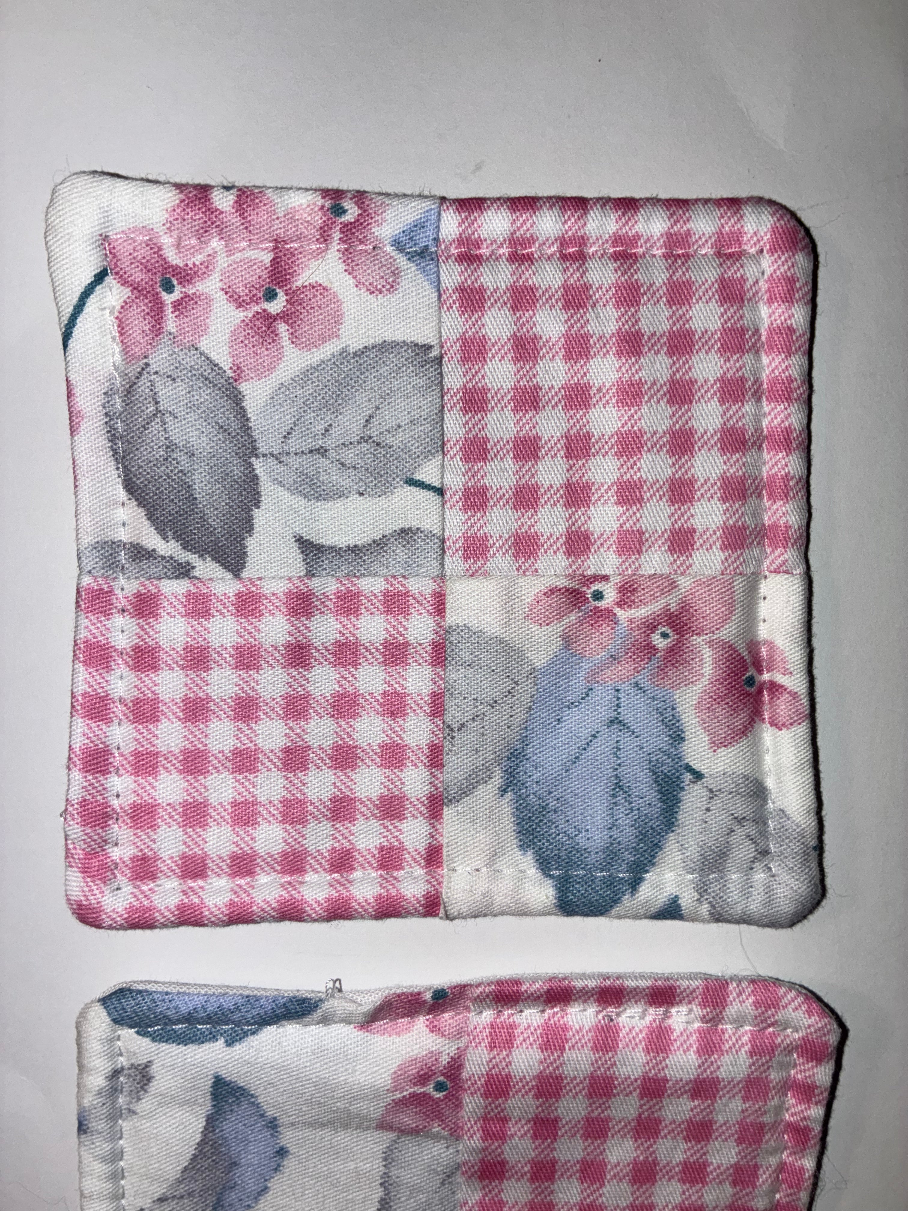 Pink Plaid and Blue Flower Quilted Coaster Set - 2 Pack