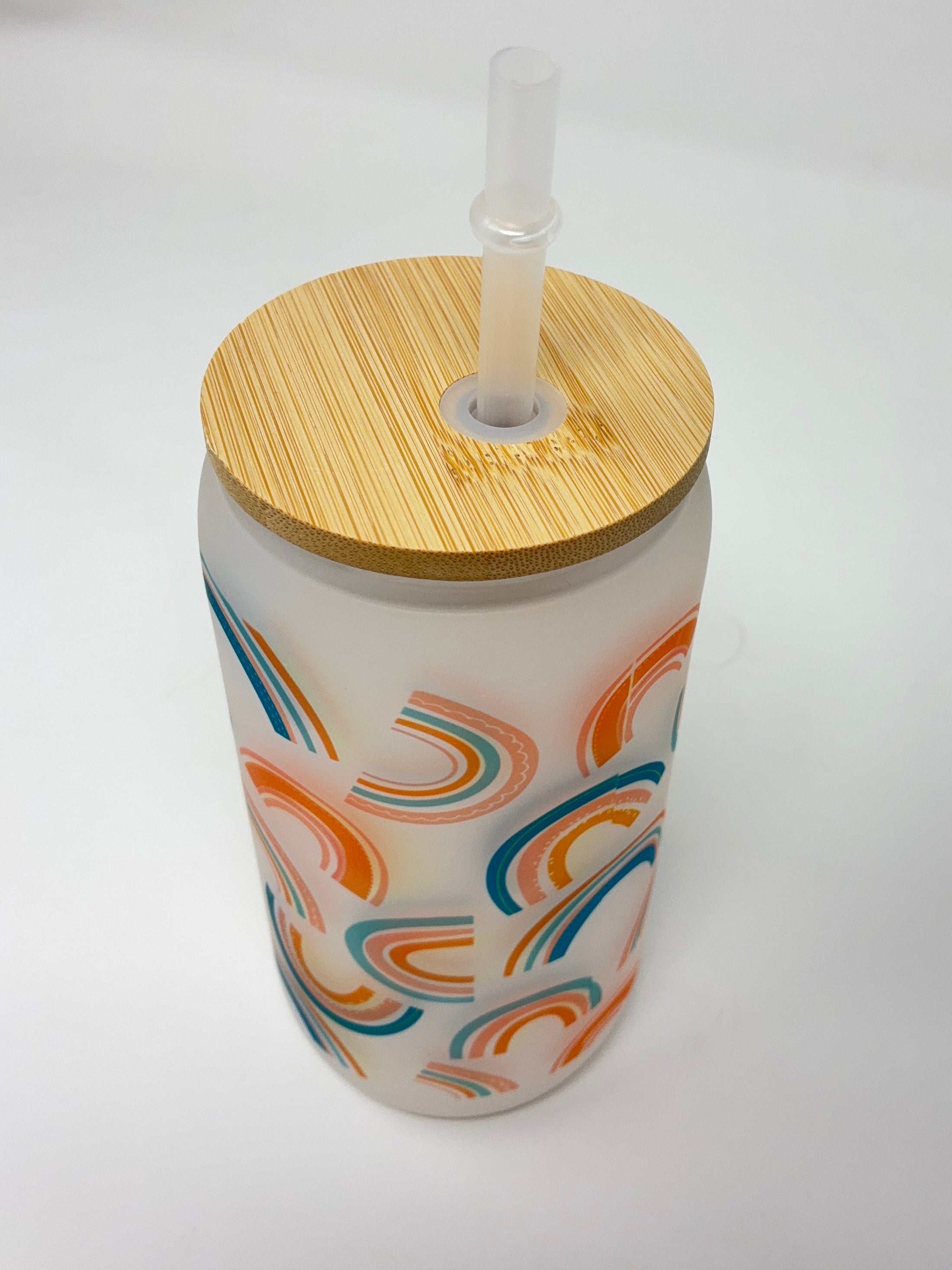 Rainbow 16oz Glass Cup with Bamboo Lid and Straw