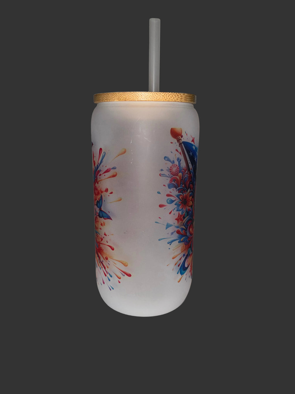 American Flag 16oz Glass Cup with Bamboo Lid and Straw