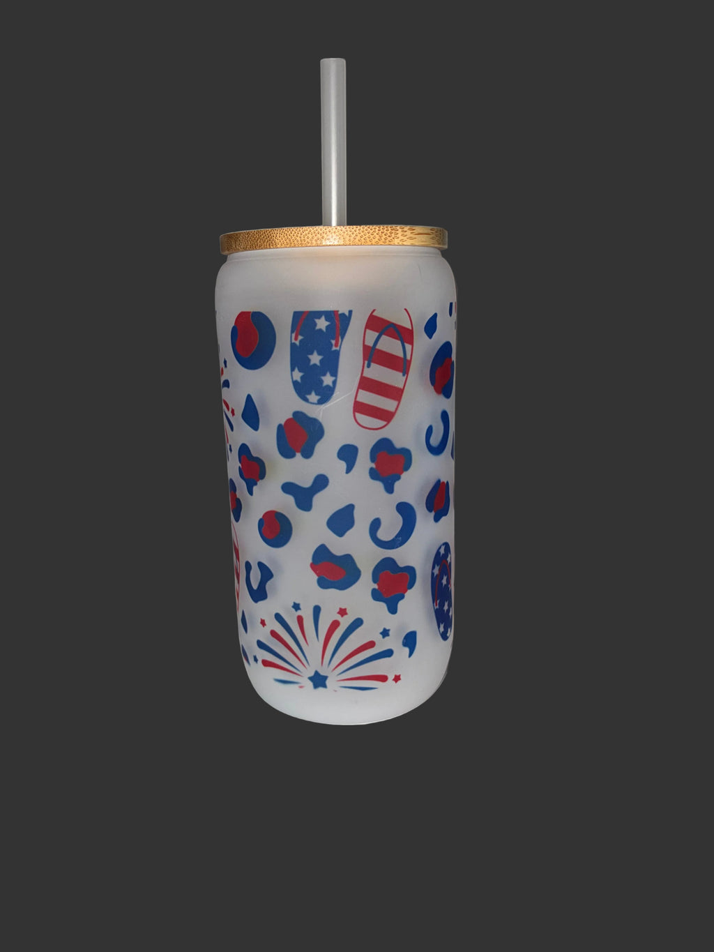 Flip Flop and Firework 16oz Glass Cup with Bamboo Lid and Straw