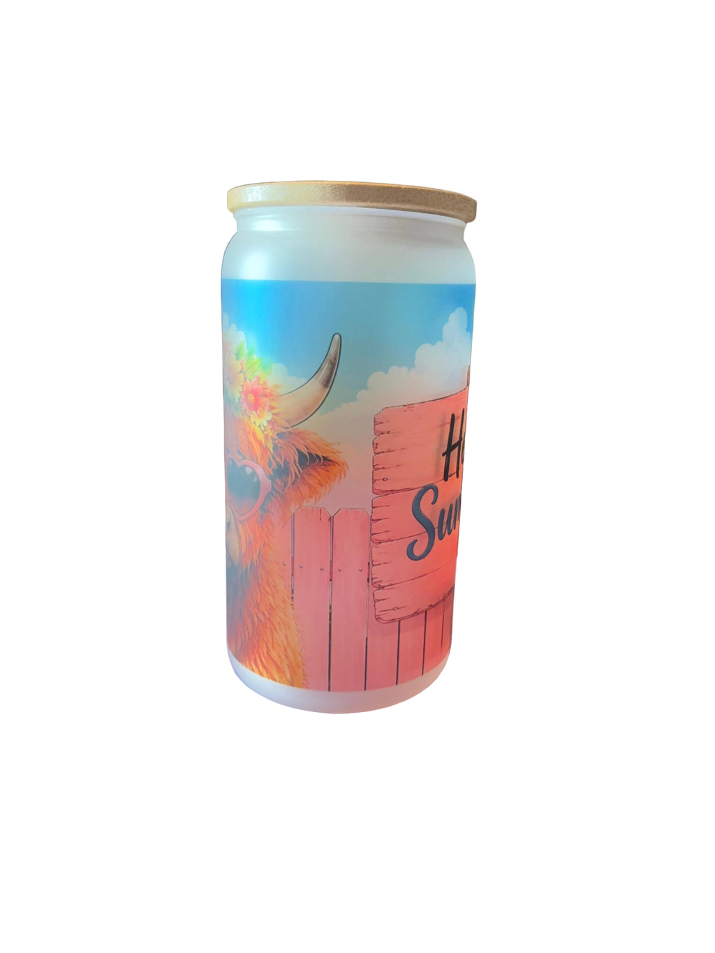 Hello Summer Highland Cow 16oz Glass Cup with Bamboo Lid and Straw