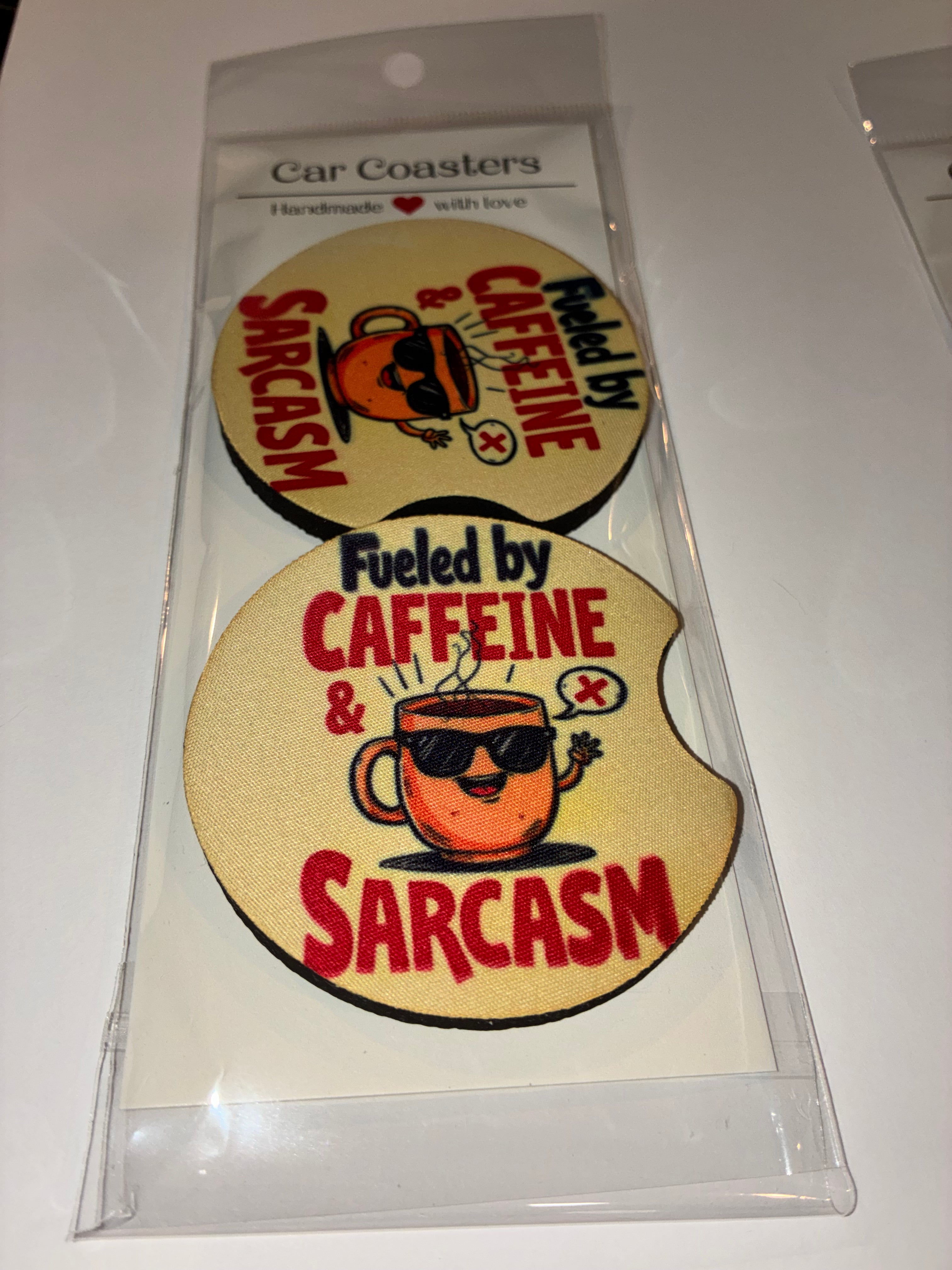 Caffeine and Sarcasm car coasters