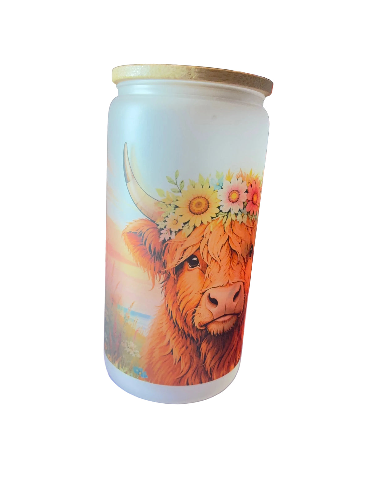 Chasing Sunsets Highland Cow 16oz Glass Cup with Bamboo Lid and Straw