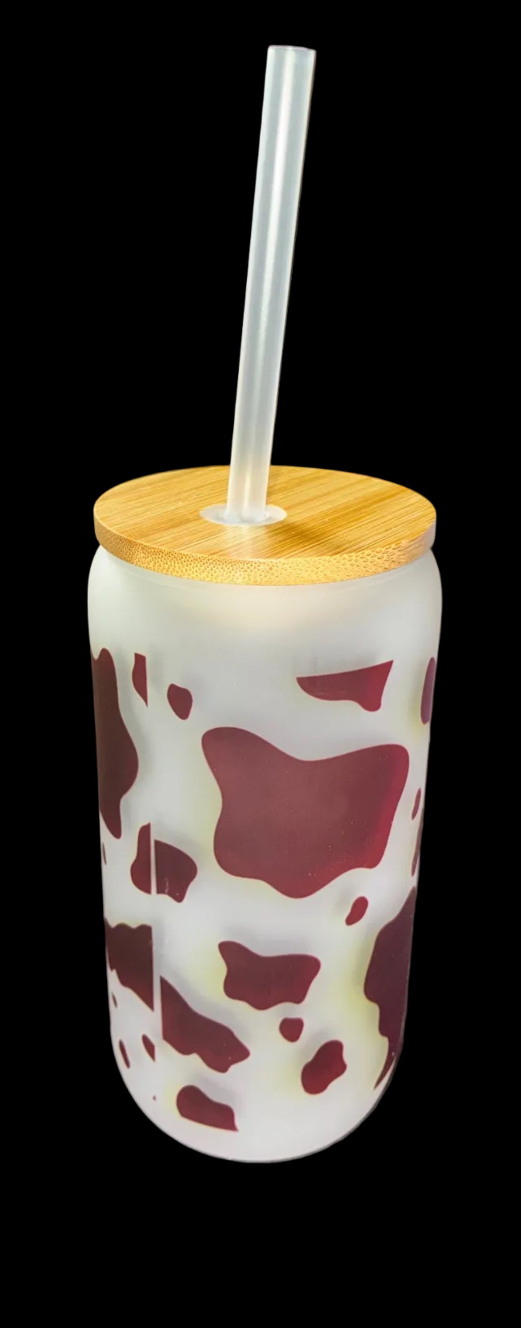 Cow Print 16oz Glass Cup with Bamboo Lid and Straw