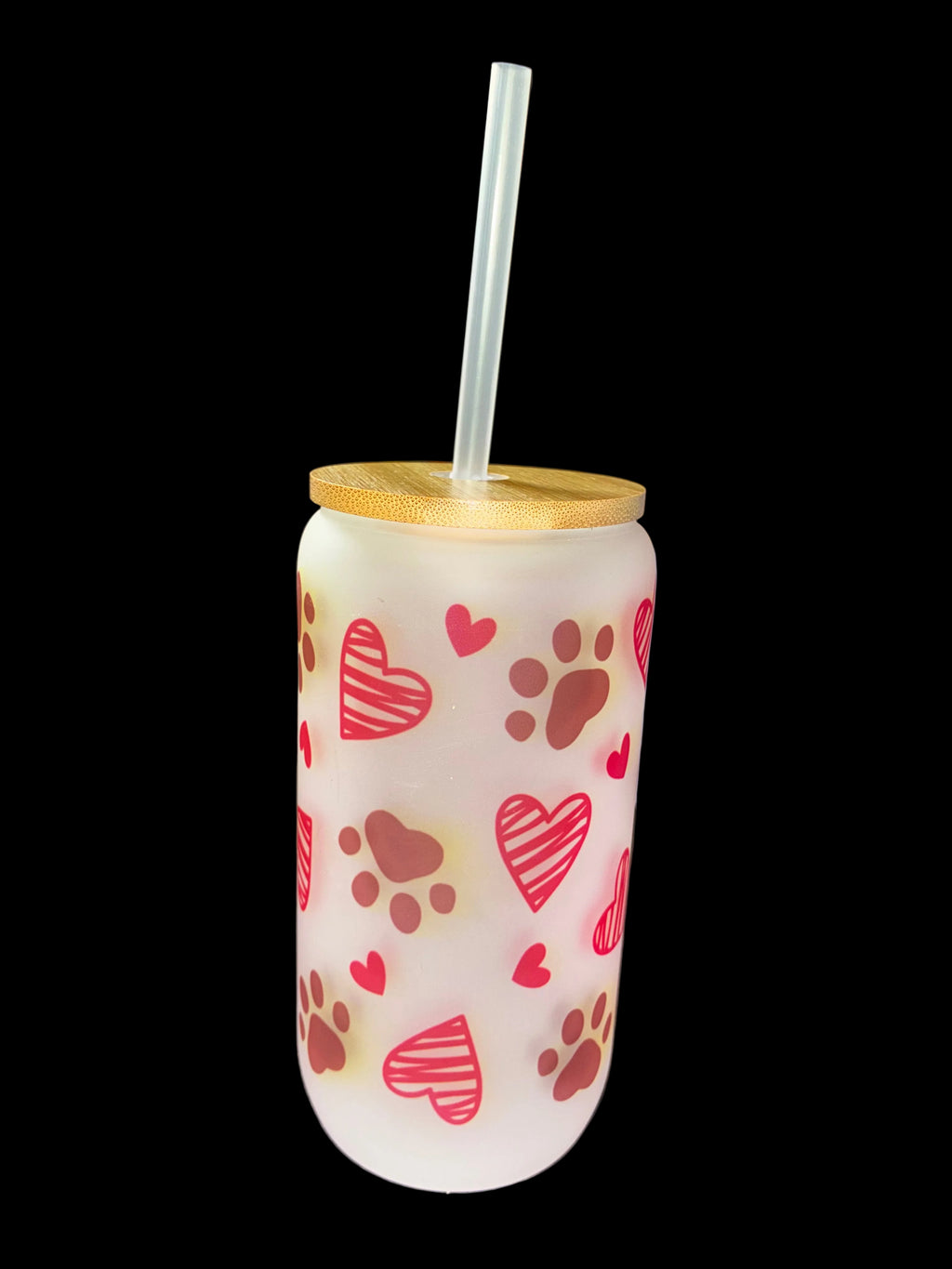 Paw Print 16oz Glass Cup with Bamboo Lid and Straw