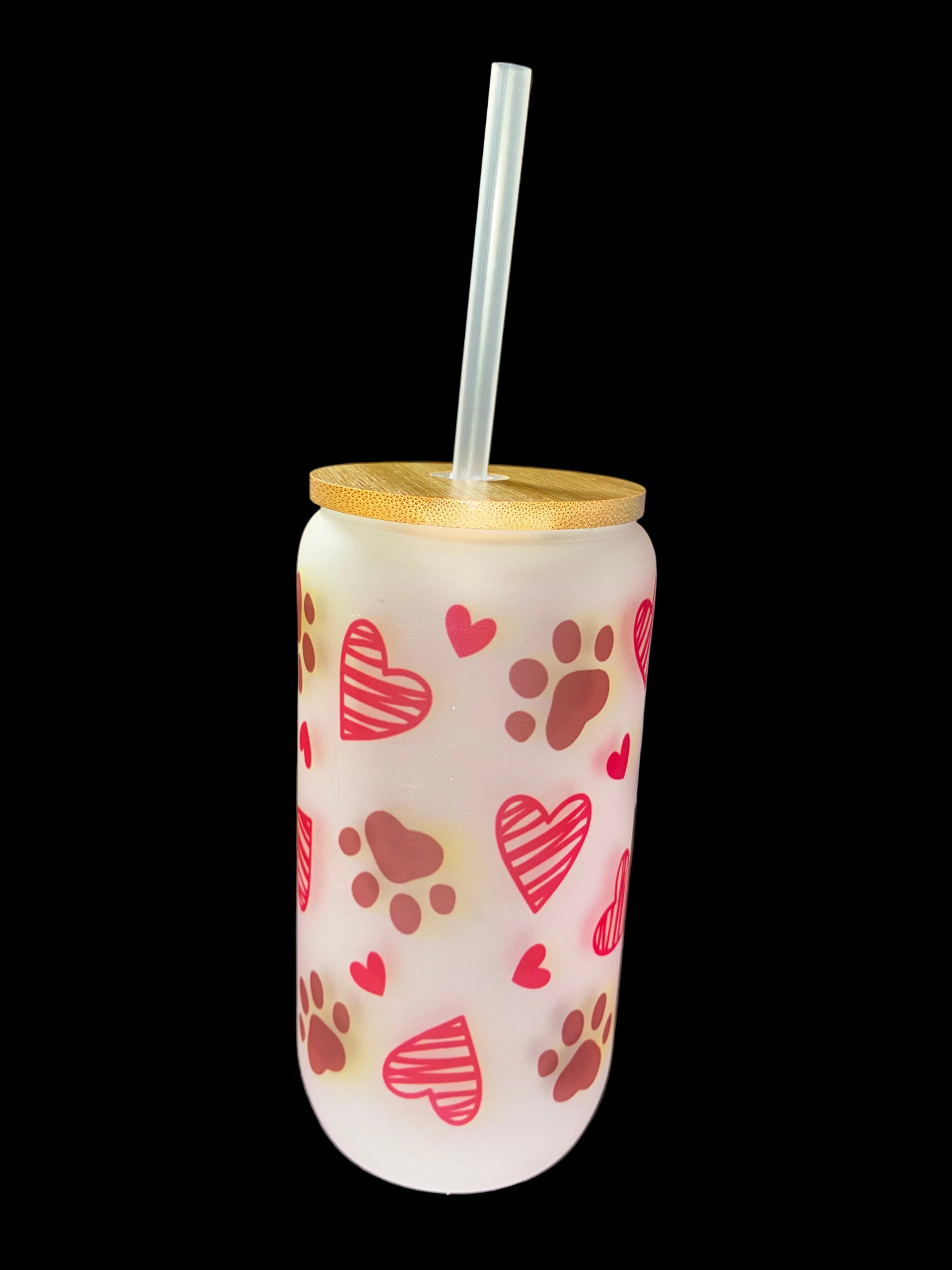 Paw Print 16oz Glass Cup with Bamboo Lid and Straw