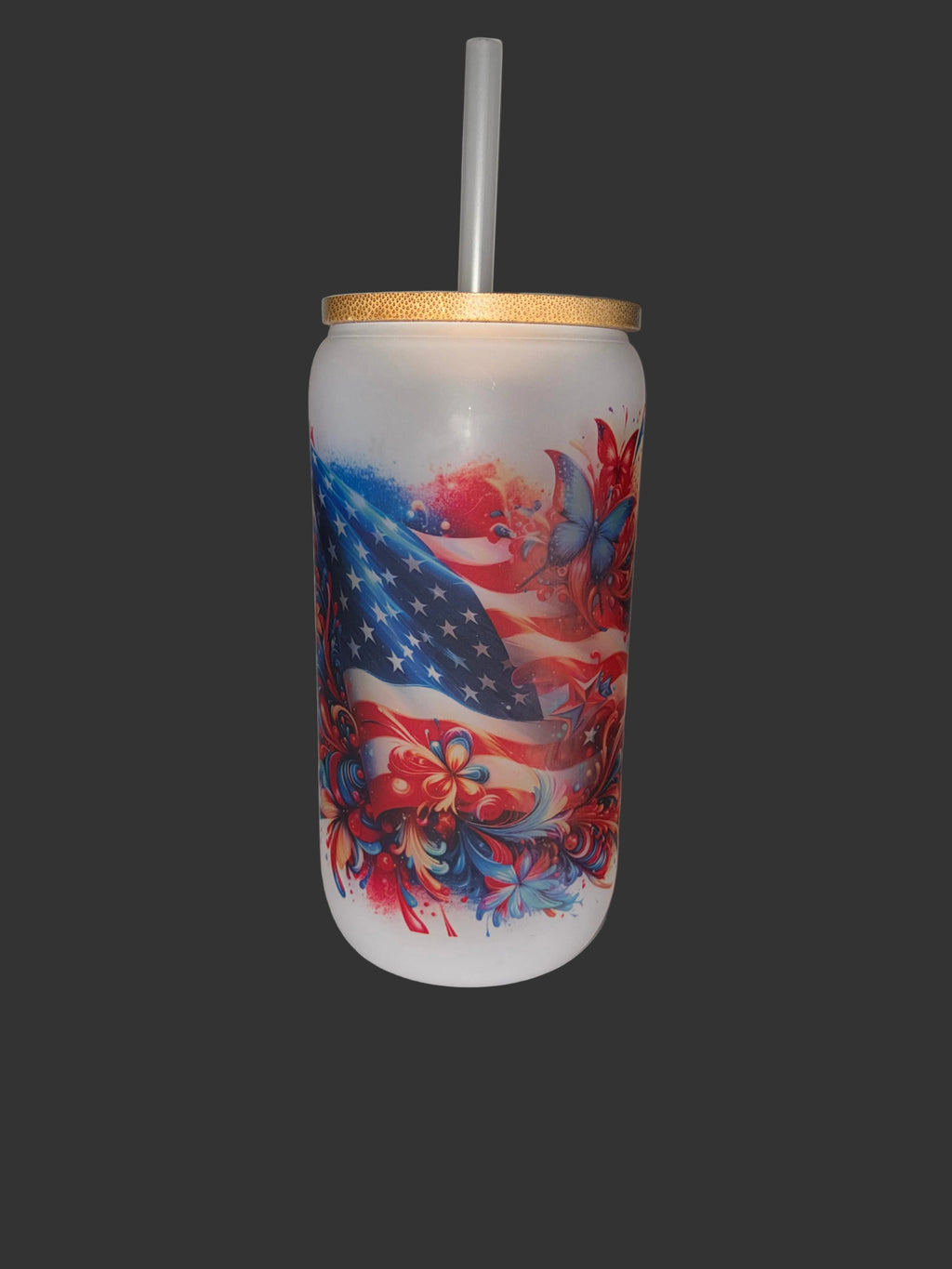 American Flag 16oz Glass Cup with Bamboo Lid and Straw