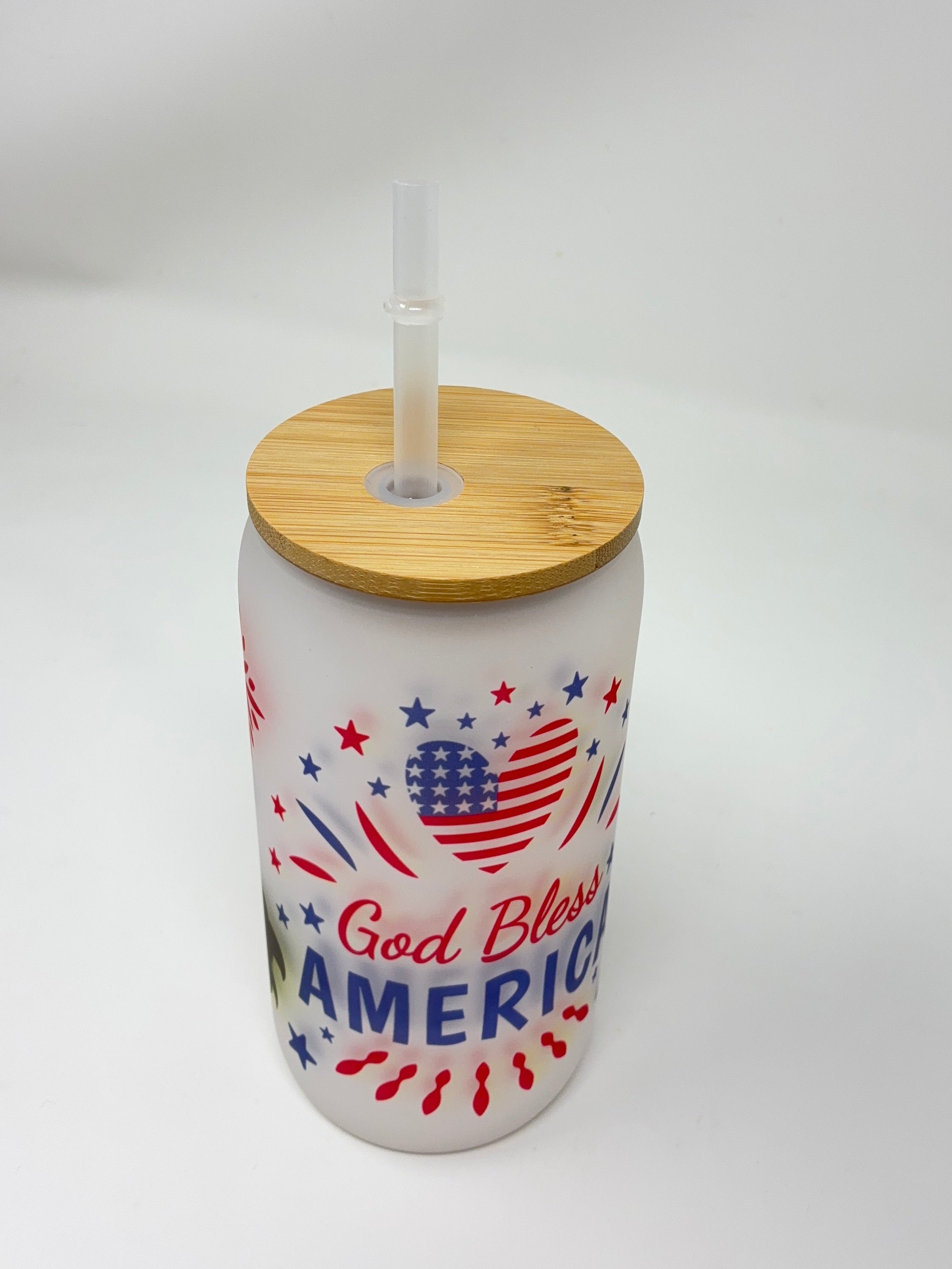 God Bless America 16oz Glass Cup with Bamboo Lid and Straw