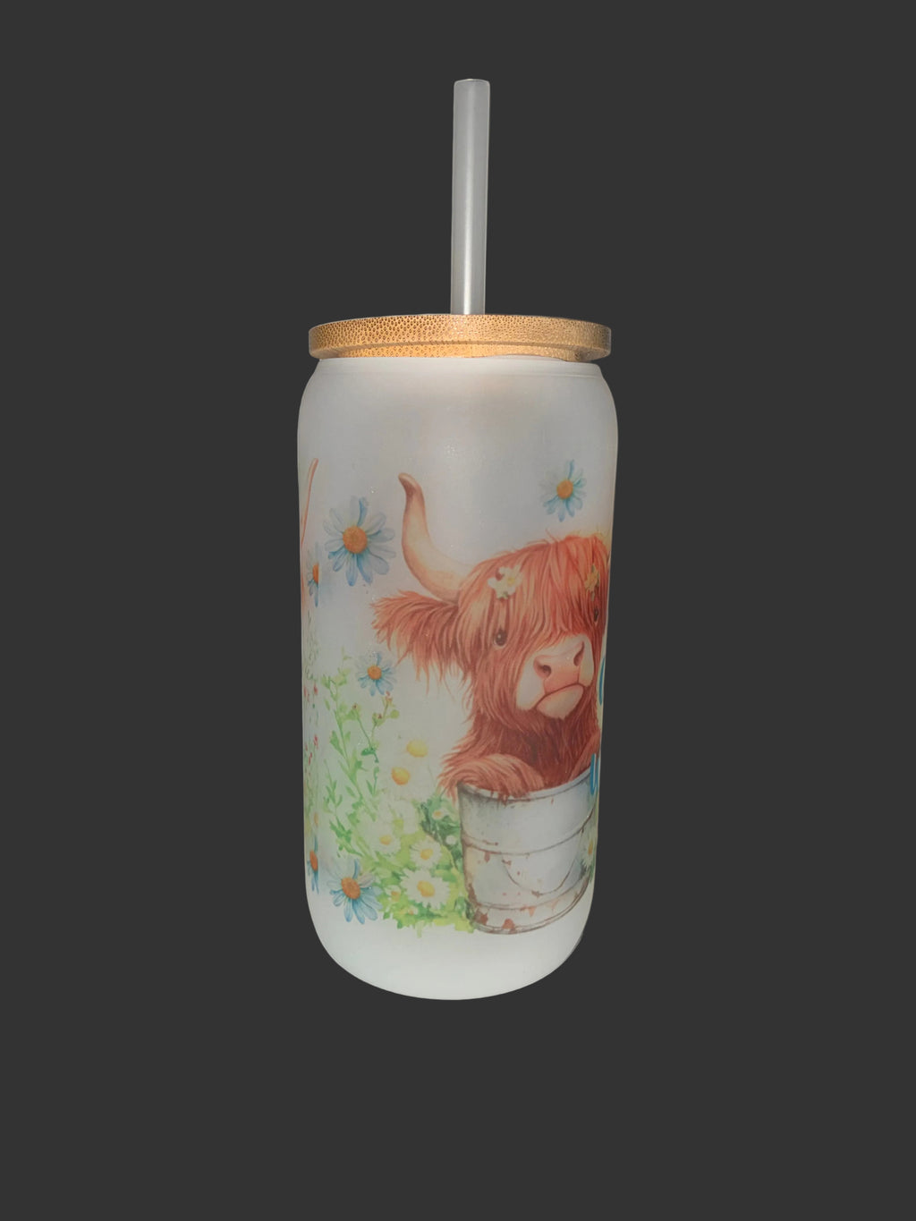 Highland Cow 16oz Glass Cup with Bamboo Lid and Straw