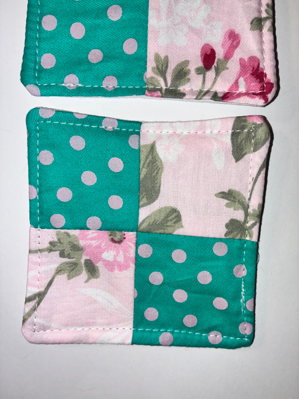Teal Polkadot and Pink Flower Quilted Coaster Set - 2 Pack
