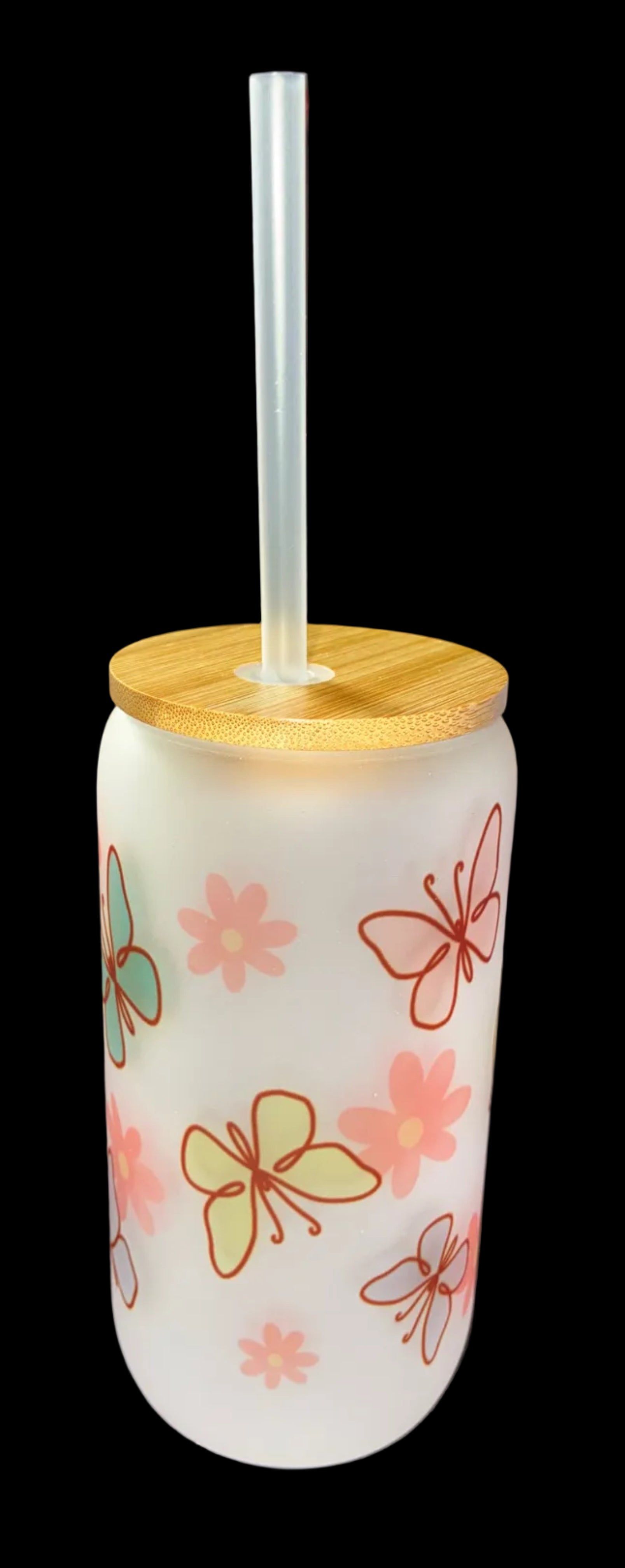 Butterfly 16oz Glass Cup with Bamboo Lid and Straw