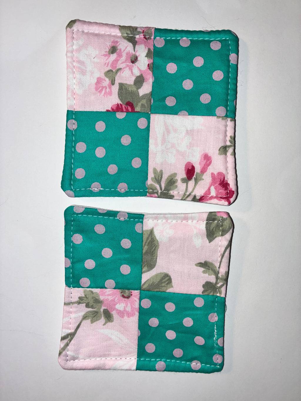 Teal Polkadot and Pink Flower Quilted Coaster Set - 2 Pack