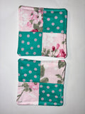 Teal Polkadot and Pink Flower Quilted Coaster Set - 2 Pack
