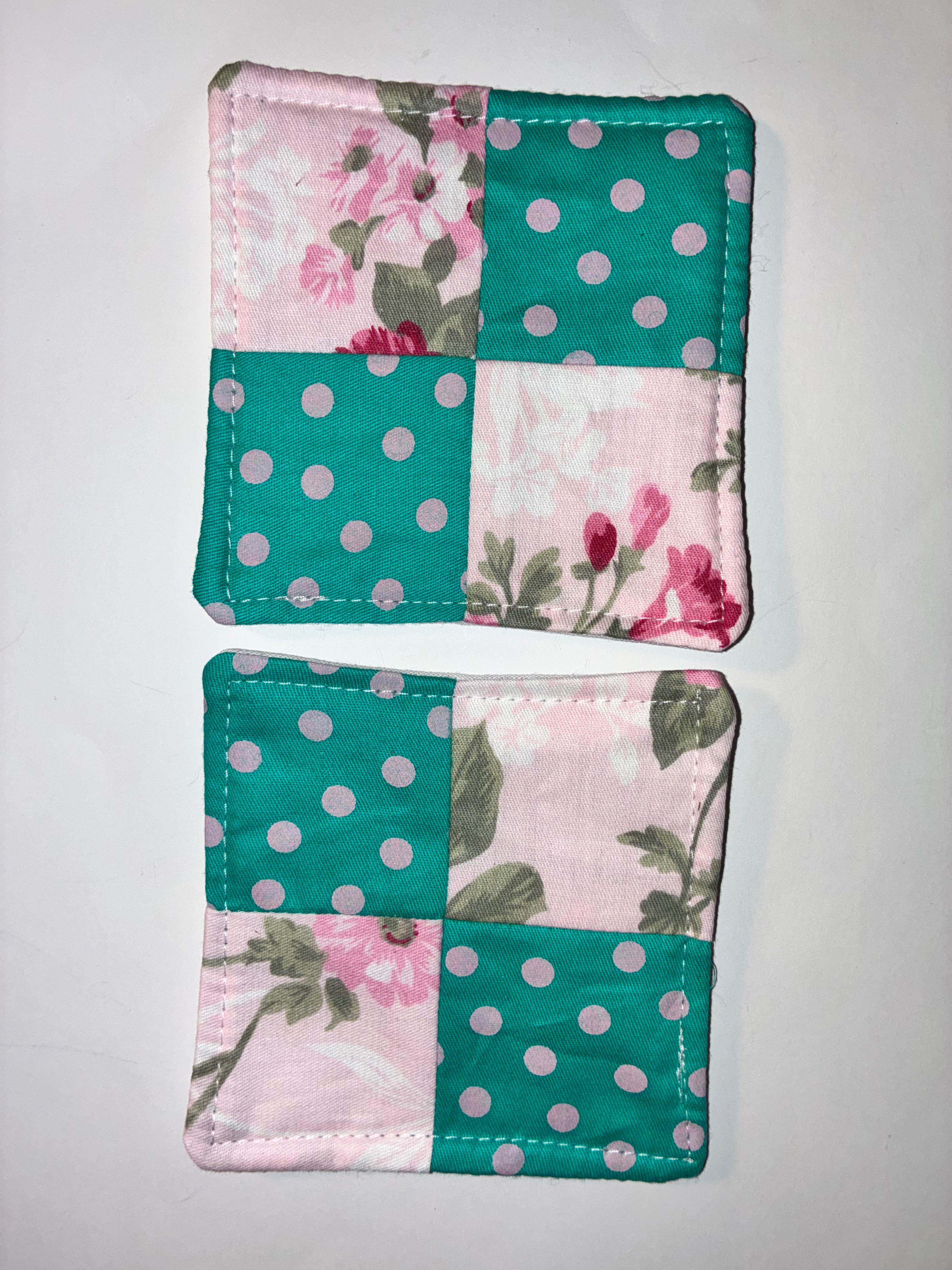 Teal Polkadot and Pink Flower Quilted Coaster Set - 2 Pack