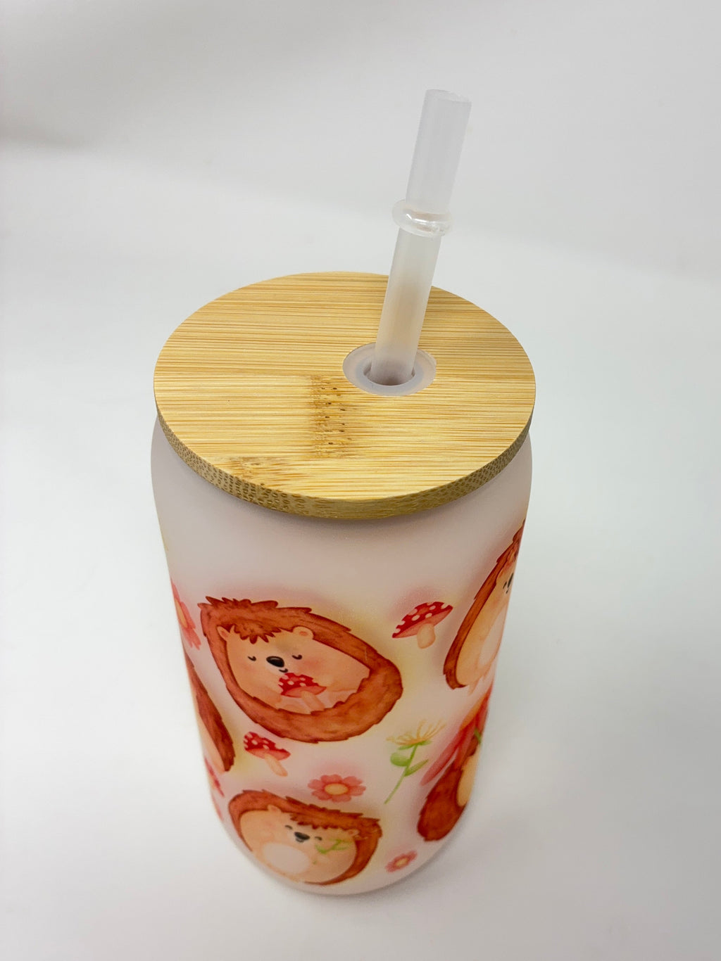 Hedgehog 16oz Glass Cup with Bamboo Lid and Straw