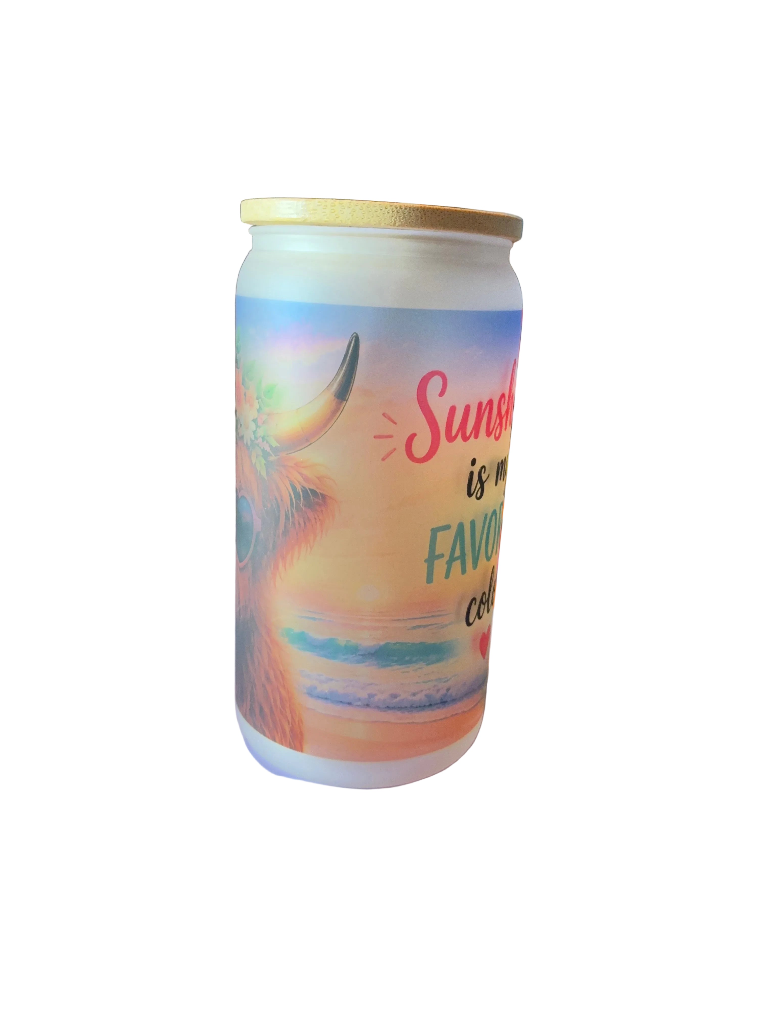 Sunshine Highland Cow 16oz Glass Cup with Bamboo Lid and Straw