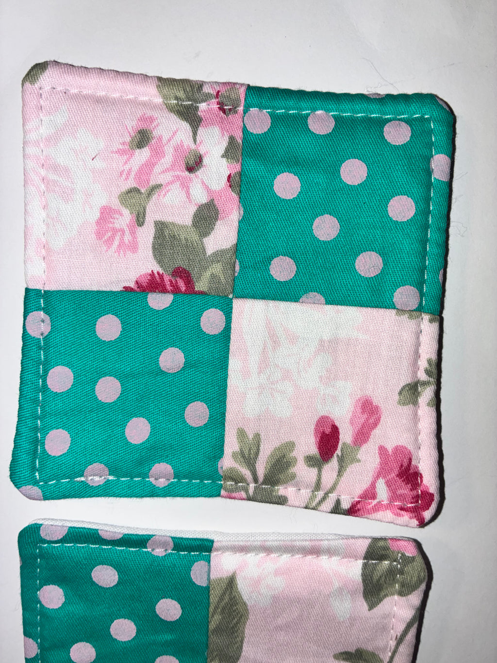 Teal Polkadot and Pink Flower Quilted Coaster Set - 2 Pack