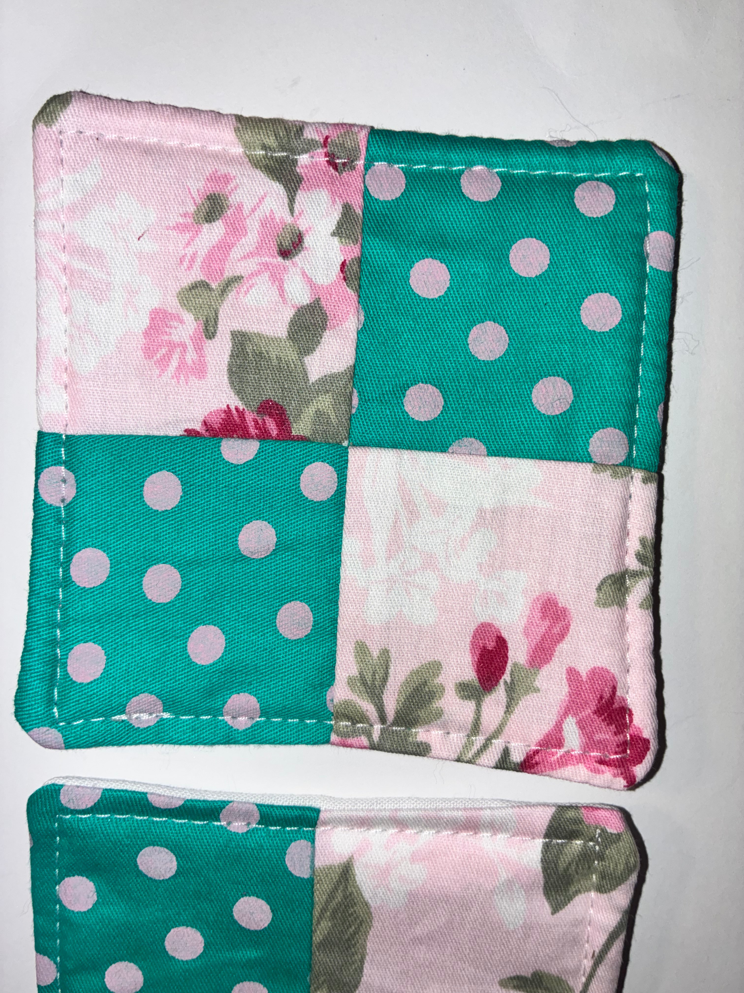 Teal Polkadot and Pink Flower Quilted Coaster Set - 2 Pack